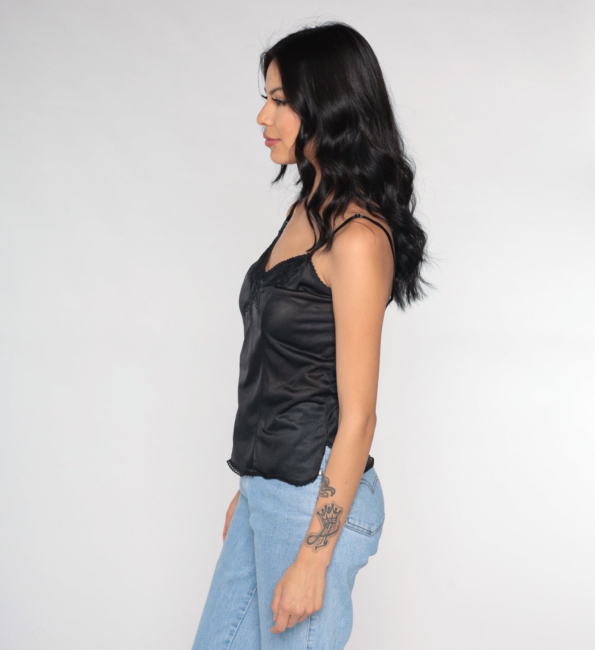 70s Black Camisole Lace Trim Nylon Cami Lingerie Top Small