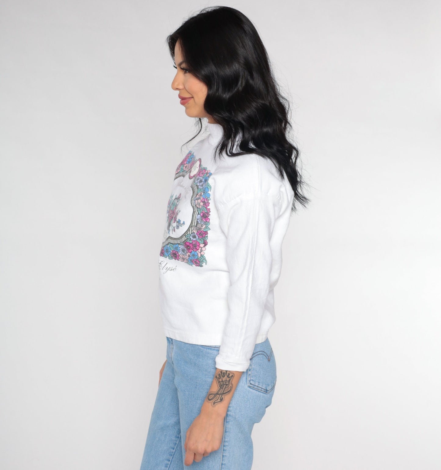 90s Paris Champs d'Élysées Floral Turtleneck White Long Sleeve Top Small S