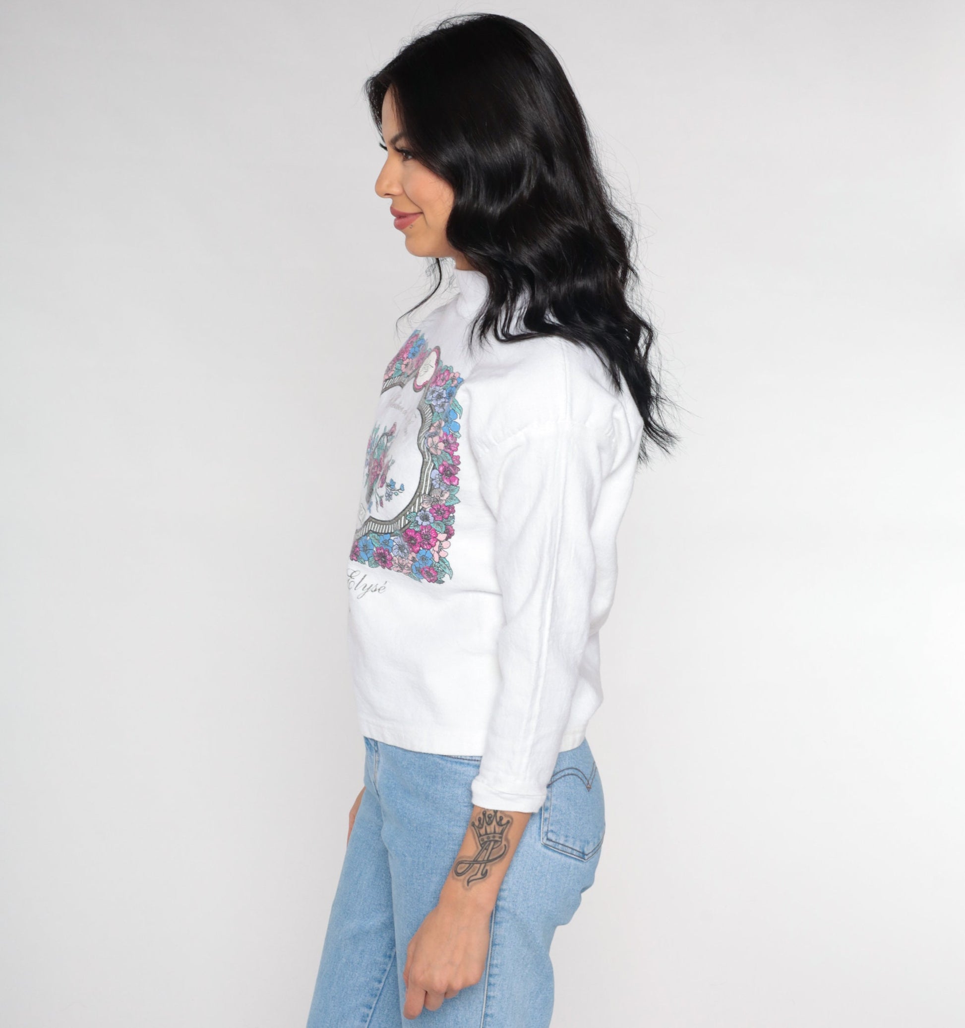90s Paris Champs d'Élysées Floral Turtleneck White Long Sleeve Top Small S