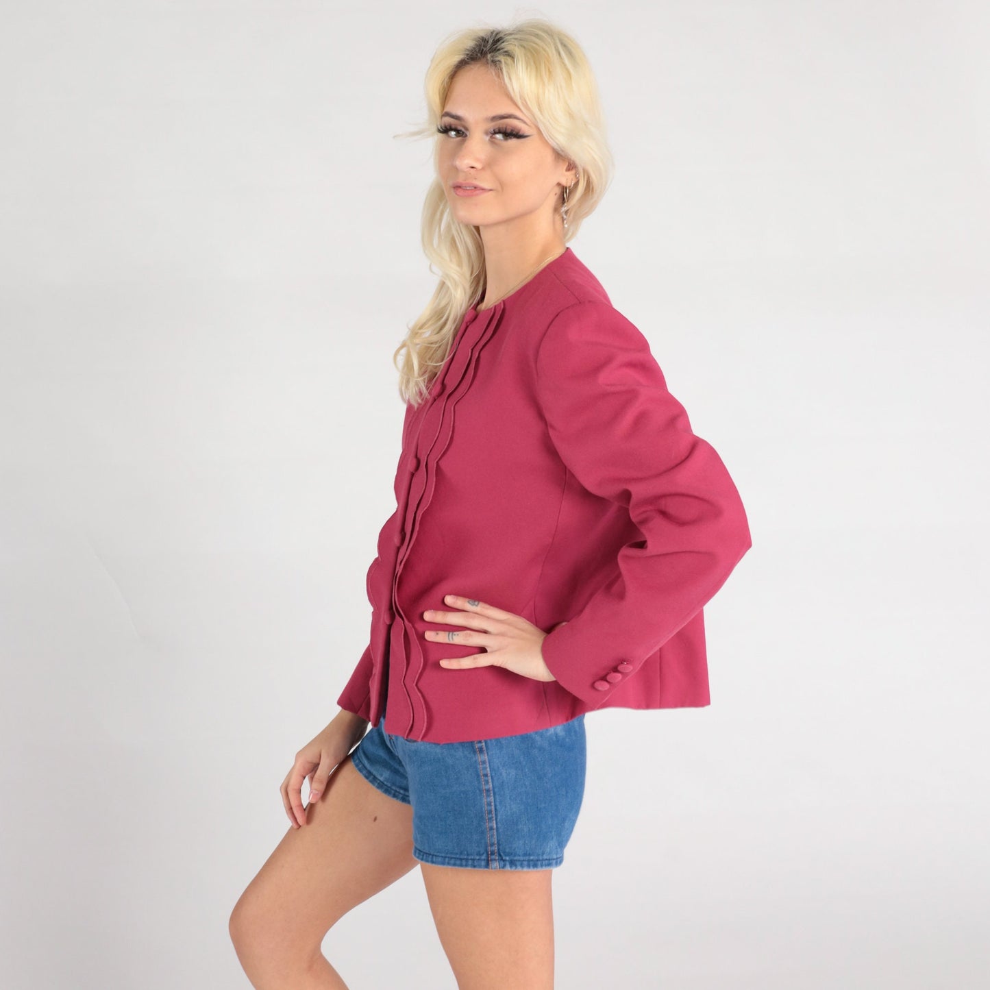 80s Raspberry Pink Scalloped Blazer Button-Up Jacket Women Large L