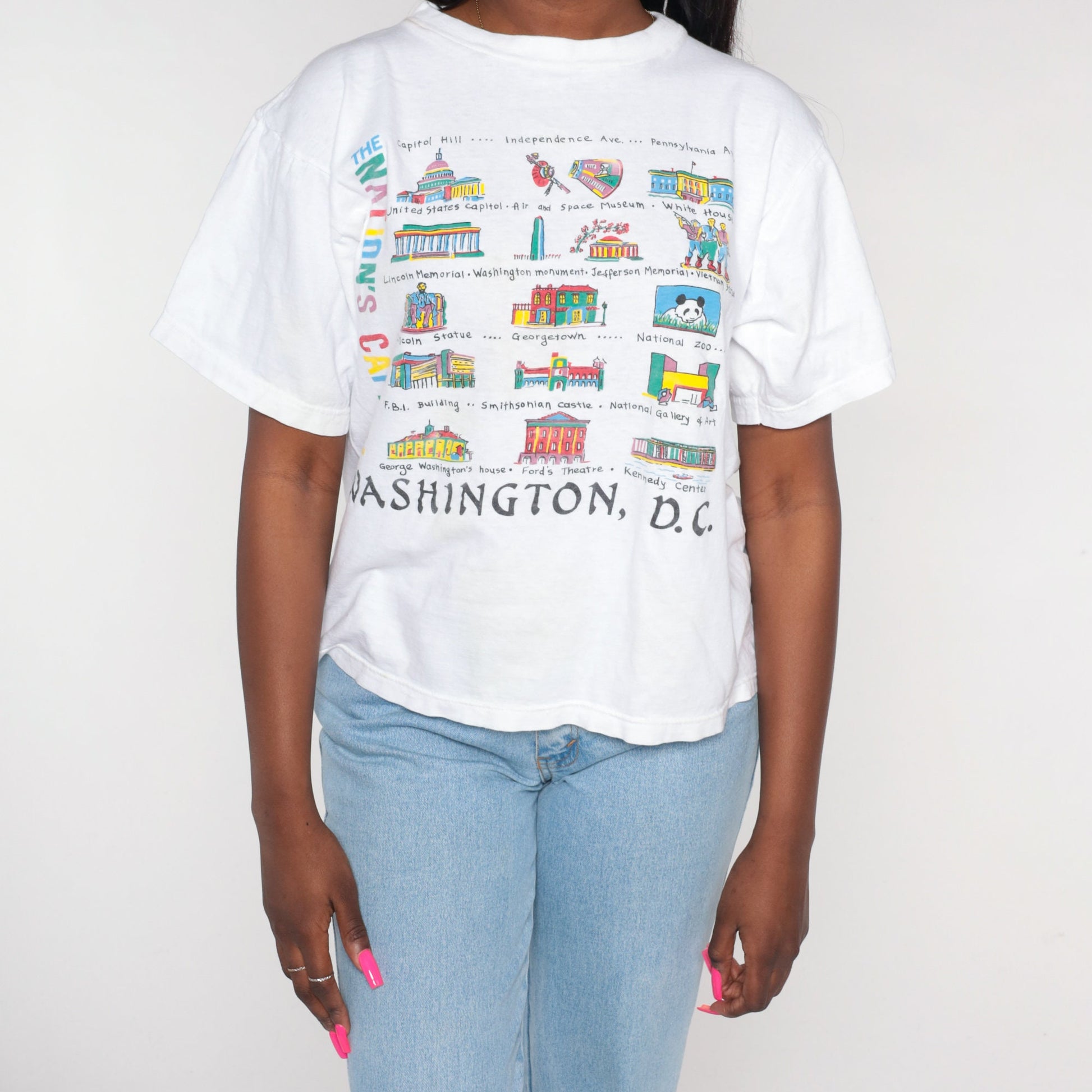 90s Washington DC Landmarks Graphic T-Shirt White Cotton Tee Medium M