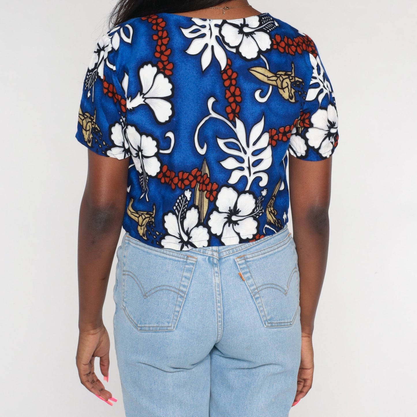 Y2K Hawaiian Crop Top Blue Tropical Floral Surfer Print Small S