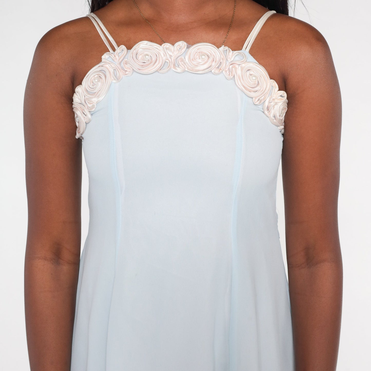 90s Pale Blue Midi Dress Pearl Beaded Rosette Neckline Sleeveless Extra Small