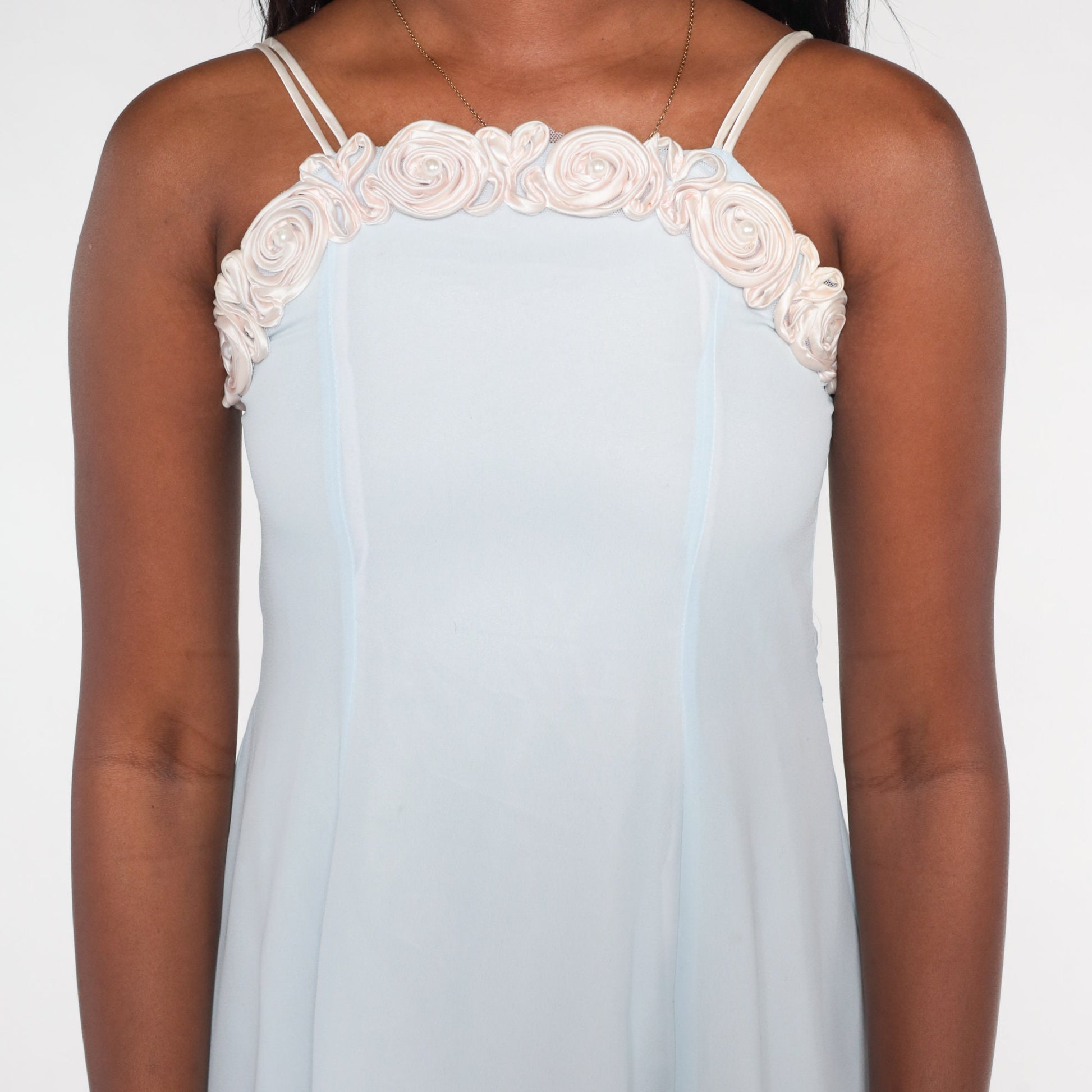 90s Pale Blue Midi Dress Pearl Beaded Rosette Neckline Sleeveless Extra Small