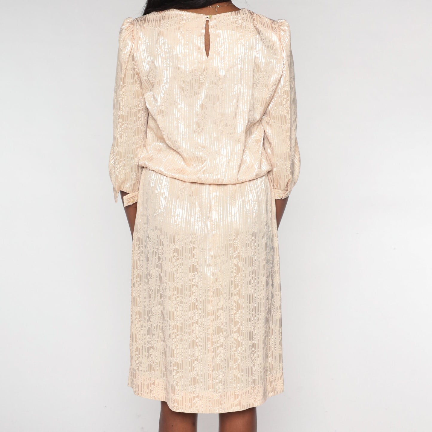 80s Champagne Embossed Floral Midi Dress Puff Sleeve Blouson Medium M