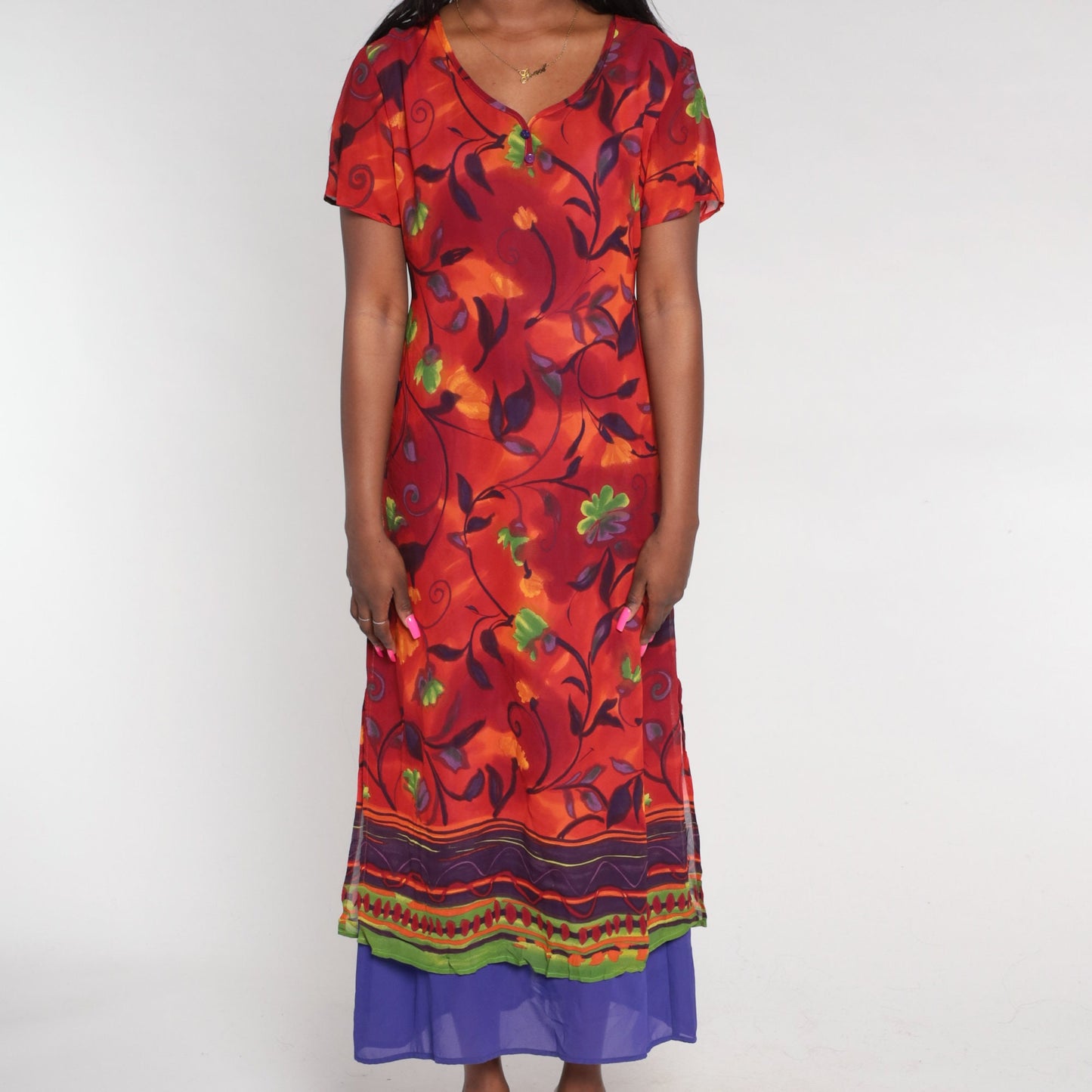 90s Red Floral Midi Dress Purple Layered Hem Short Sleeve Medium