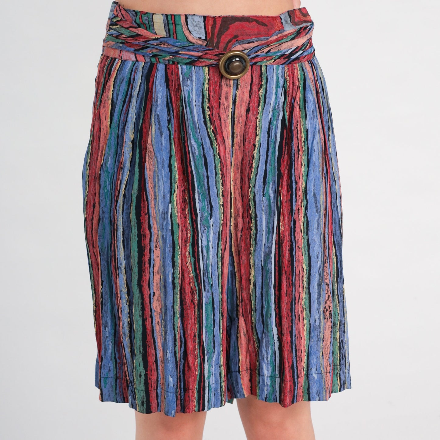 90s Striped Wide Leg Shorts High Waist Bermuda Rayon Green Blue Red Medium