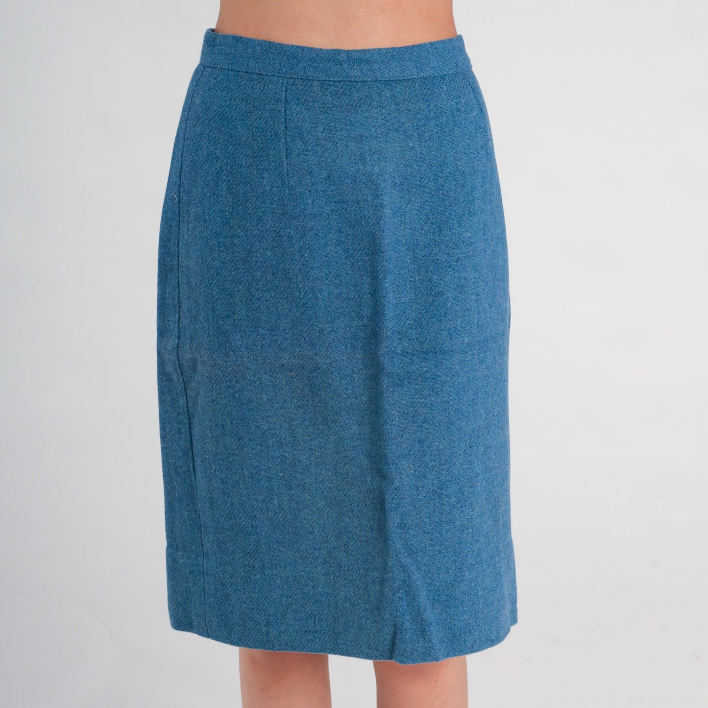60s Blue Wool Pencil Skirt High Waisted Midi Small
