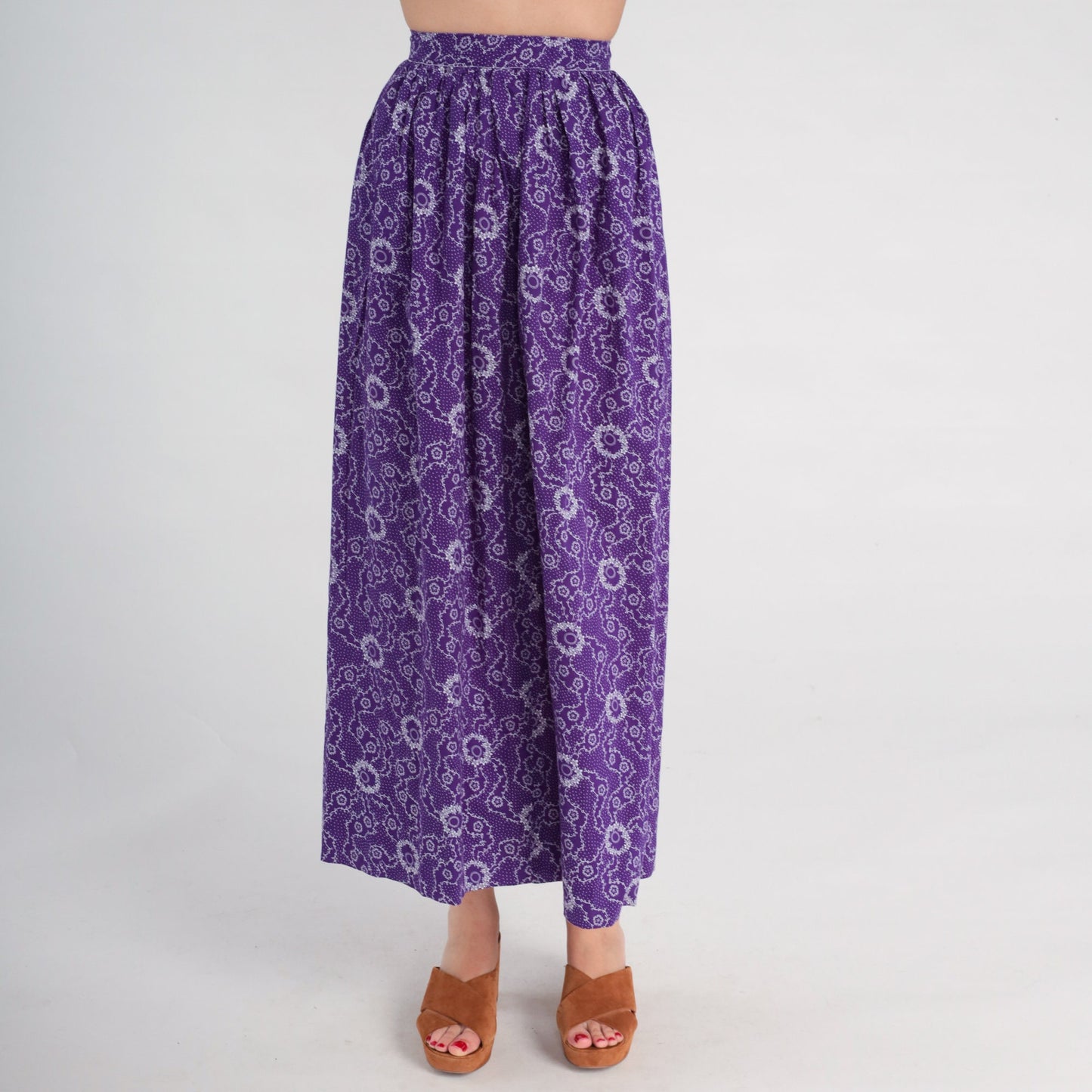70s Floral Midi Skirt Purple High Waisted Flower Print Ankle Length XXS
