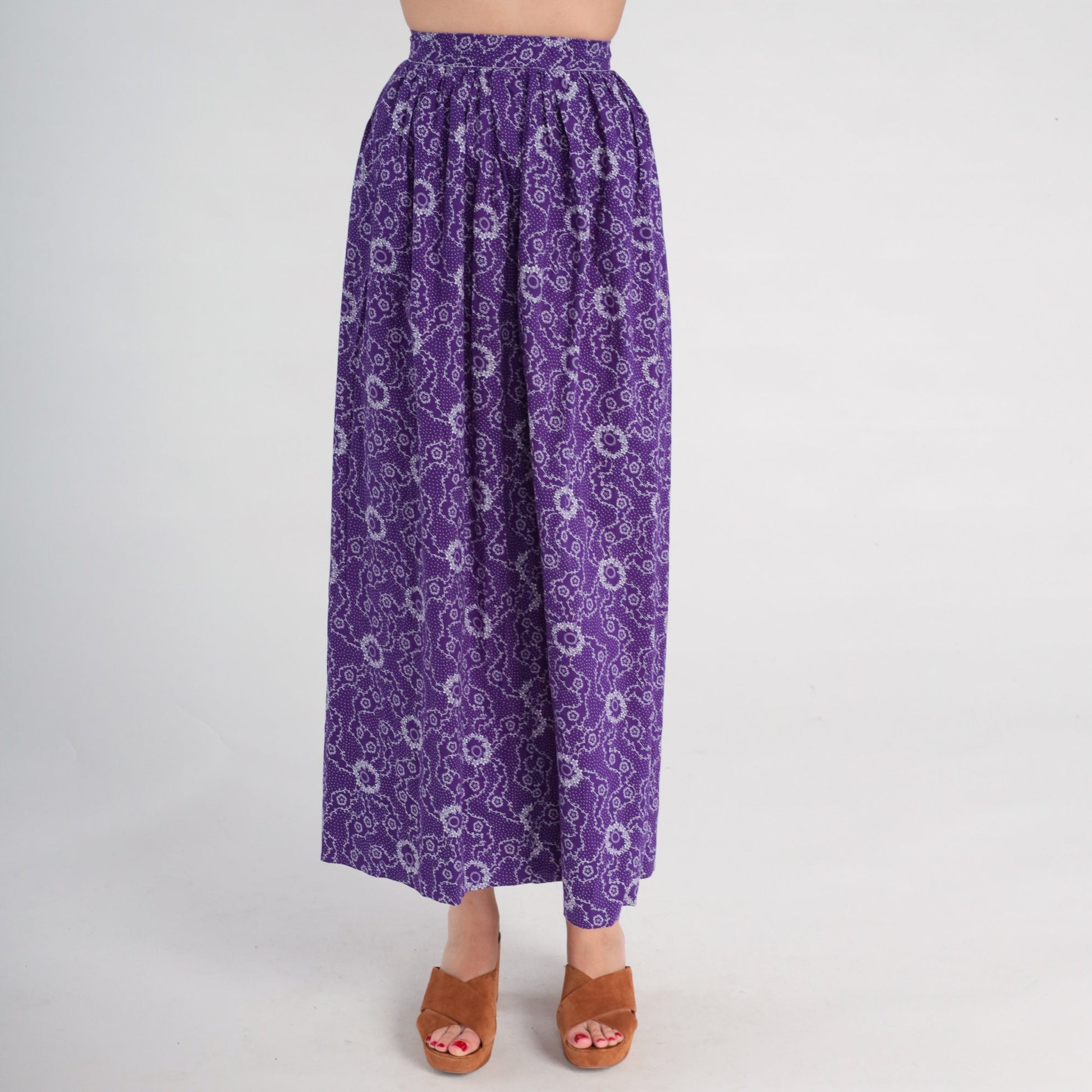 70s Floral Midi Skirt Purple High Waisted Flower Print Ankle Length XXS