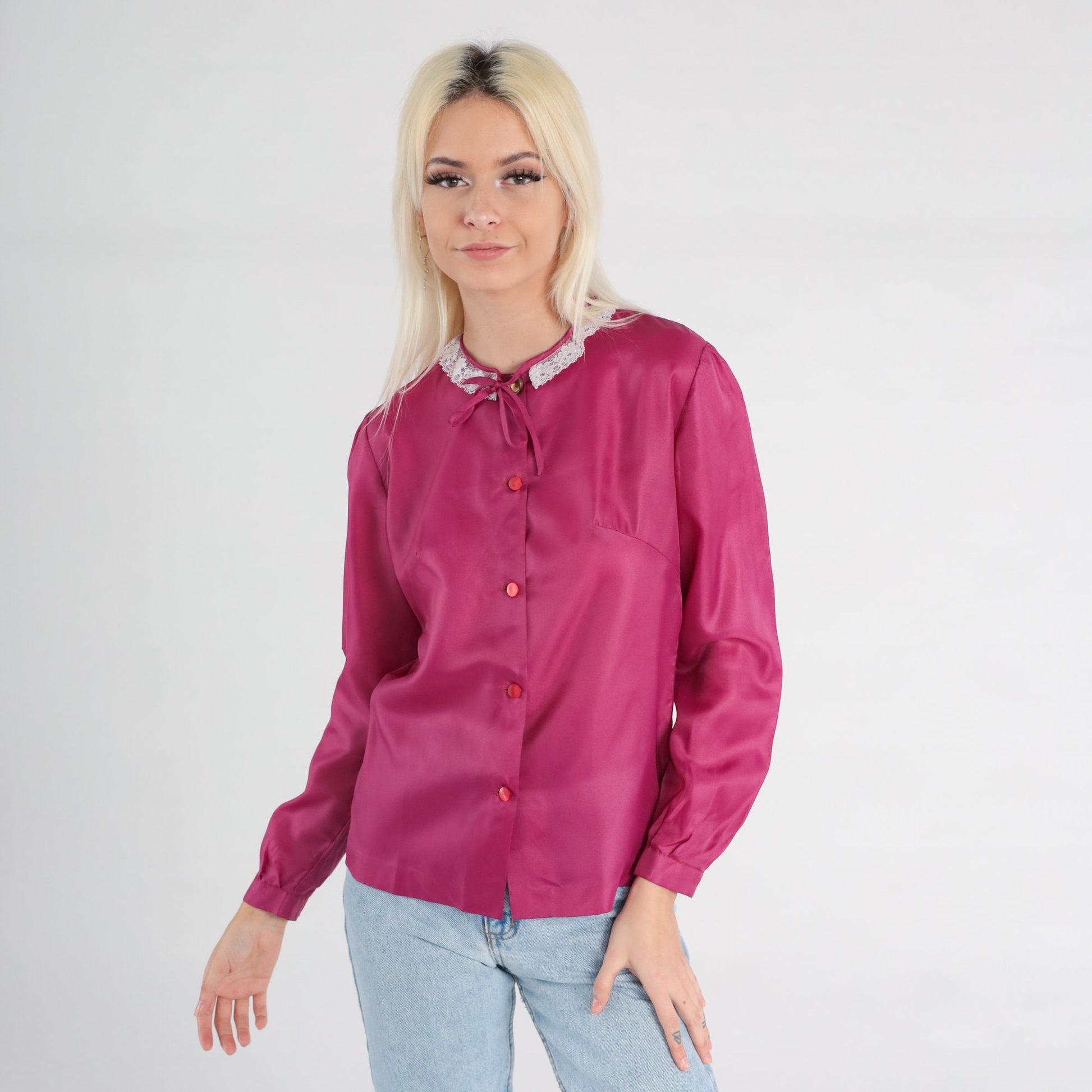 80s Raspberry Pink Puff Sleeve Button-Up Blouse Lace Collar Small
