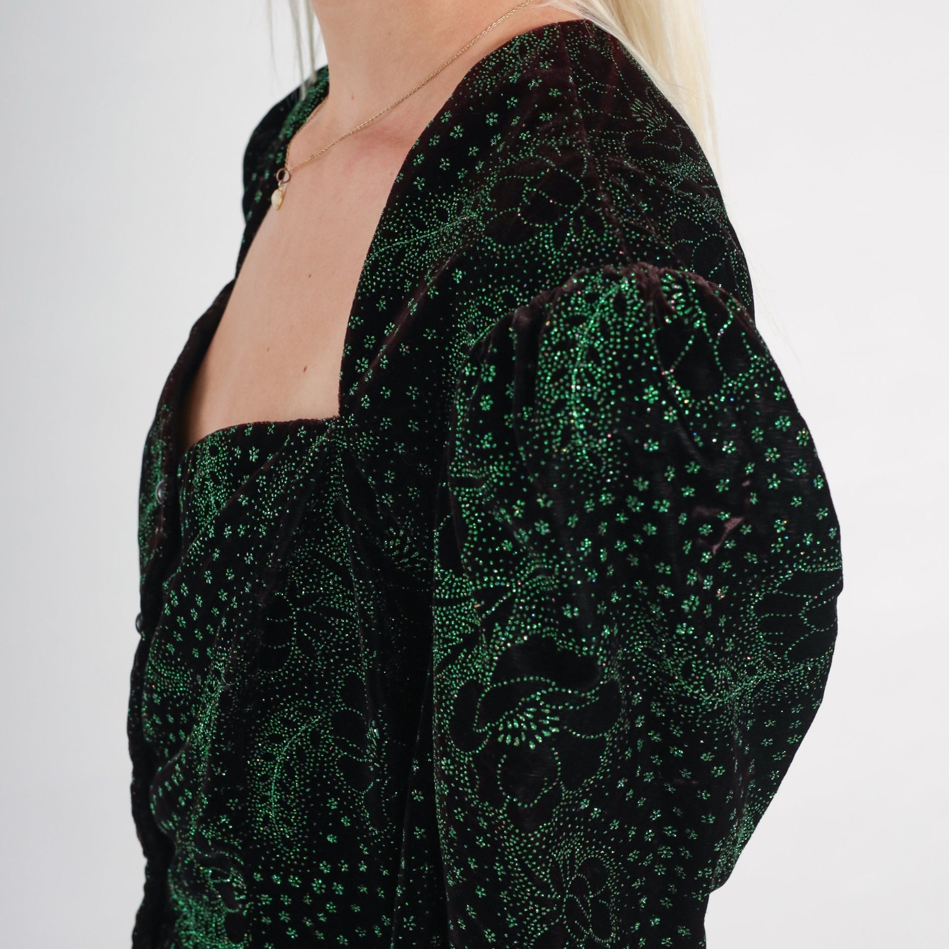 80s Gunne Sax Velvet Blouse Black Sparkly Green Floral Puff Sleeve Medium