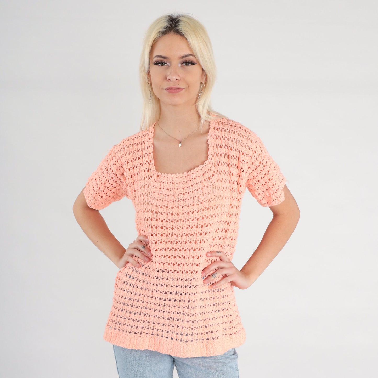 80s Orange Crochet Blouse Peach Open Weave Short Sleeve Small