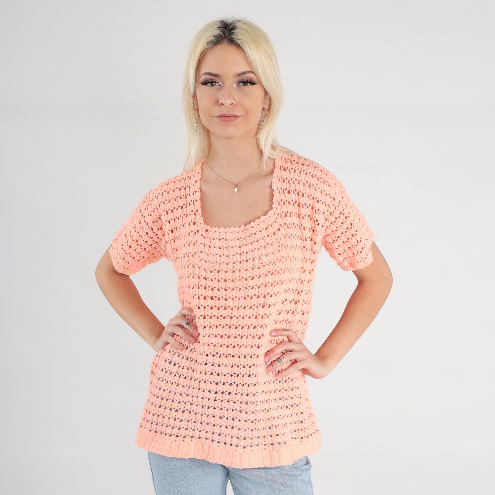 80s Orange Crochet Blouse Peach Open Weave Short Sleeve Small