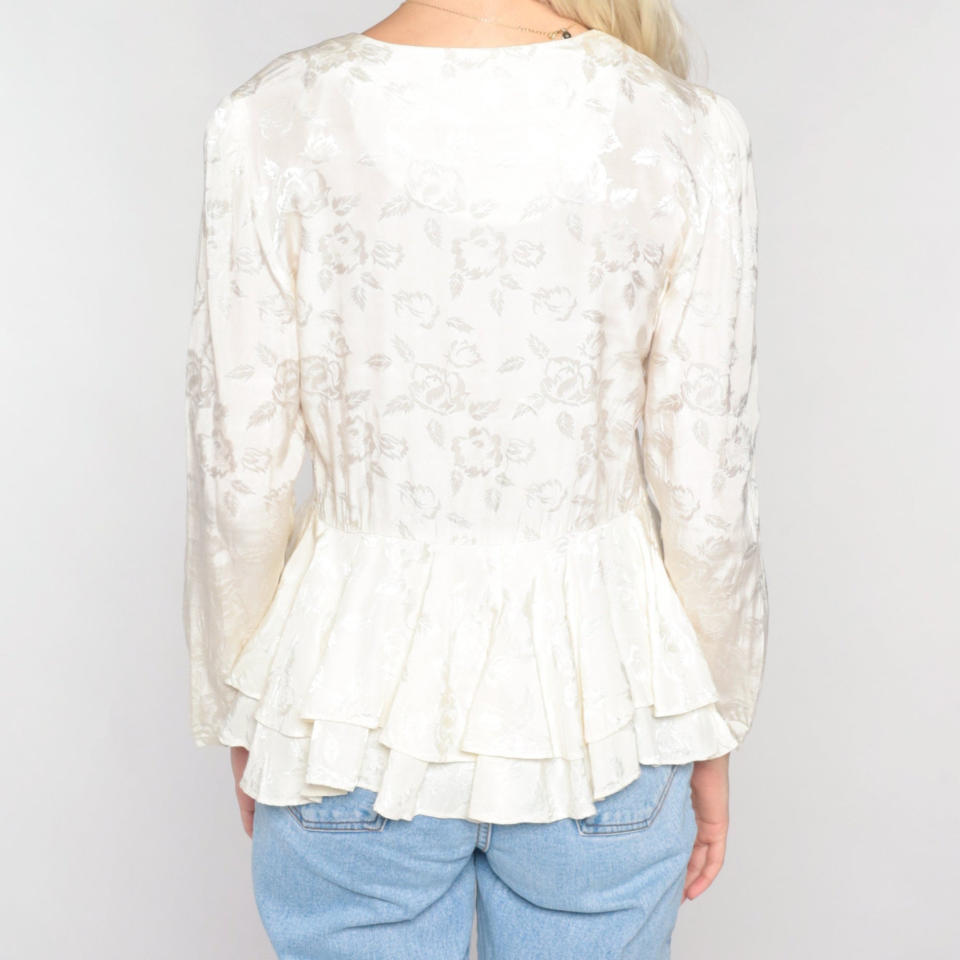 80s White Floral Embossed Peplum Blouse Puff Sleeve Button-Up Extra Small