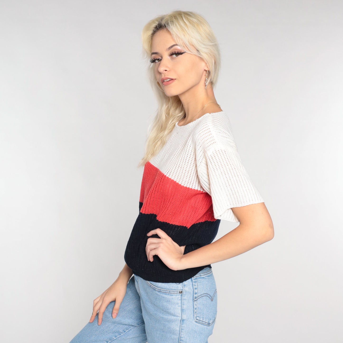 70s Striped Open Weave Knit Sweater Top Short Sleeve White Red Black Small