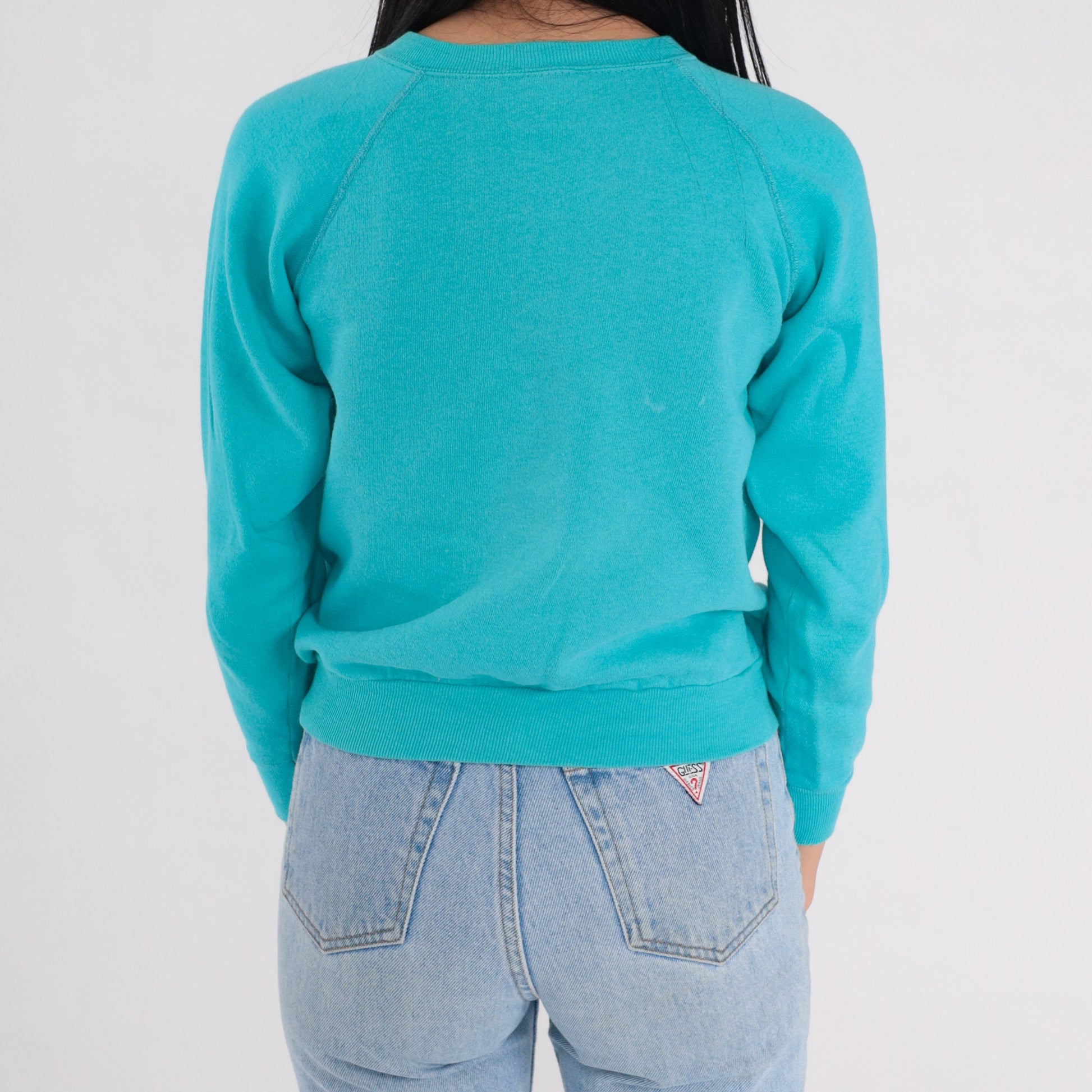 90s Glitter Floral Butterfly Sweatshirt Teal Blue Raglan Graphic XS