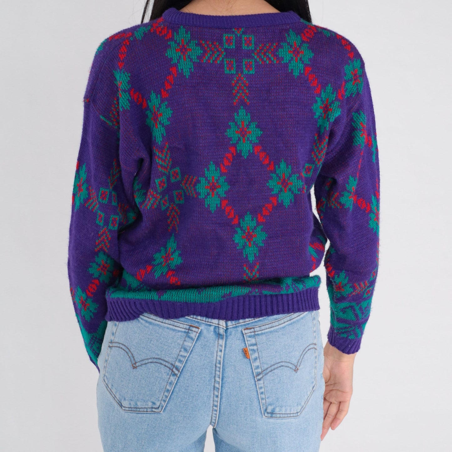 90s Purple Snowflake Knit Sweater Geometric Crewneck Pullover Medium M