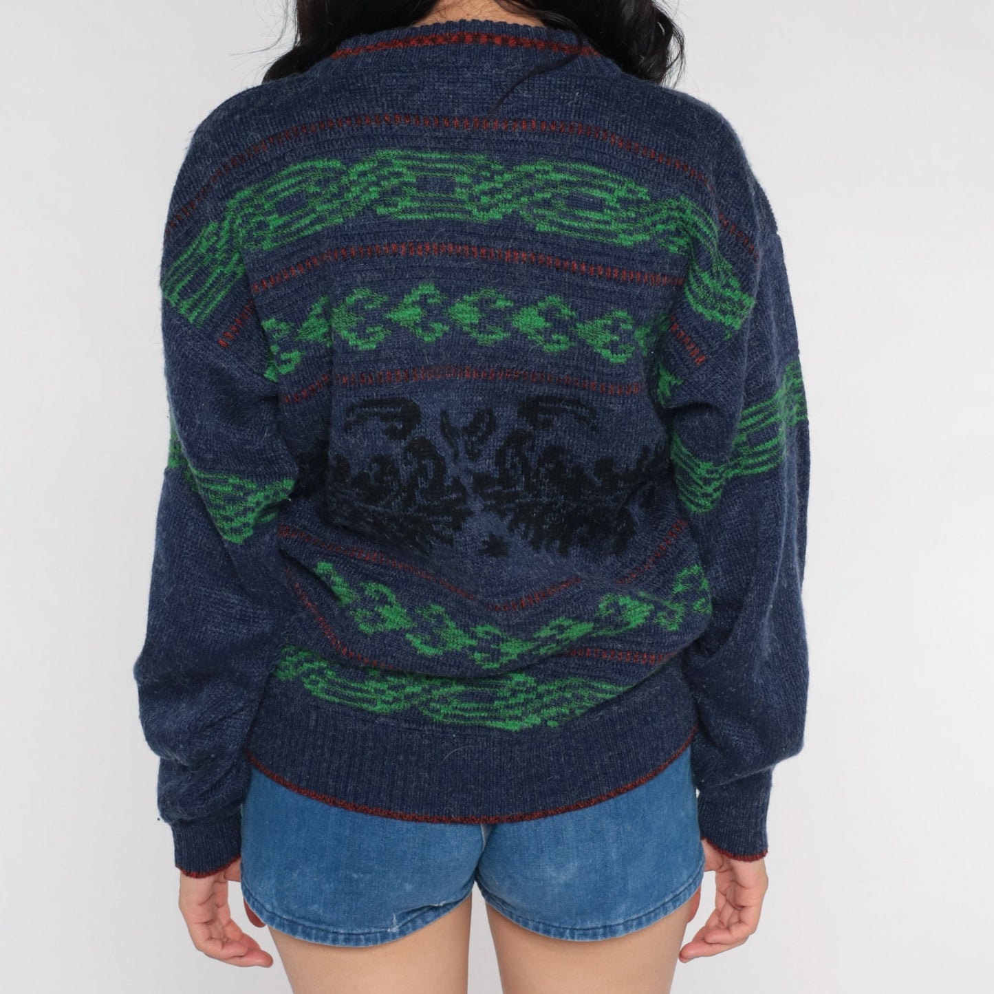 90s Blue Geometric Jacquard Wool Sweater Striped Crewneck Pullover Medium