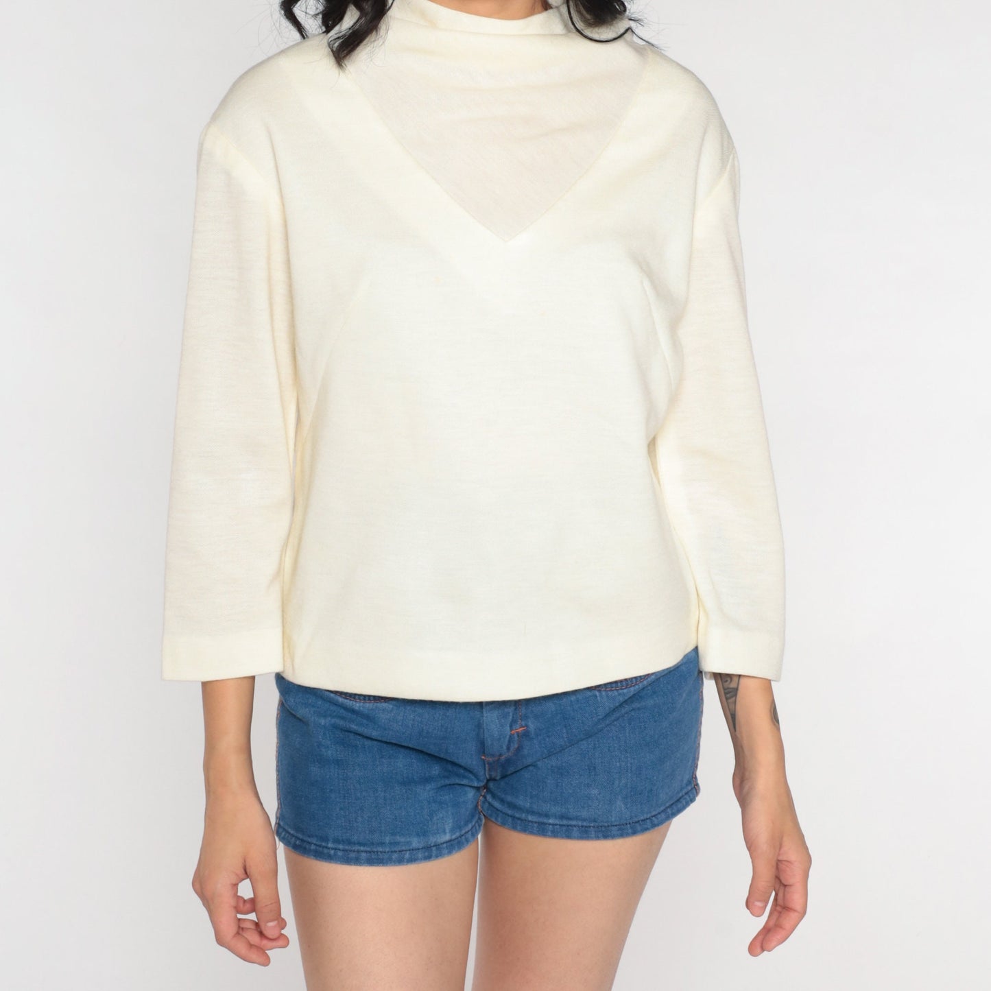 70s Off-White Mock Neck Blouse Long Sleeve Polyester Wool Blend Small S