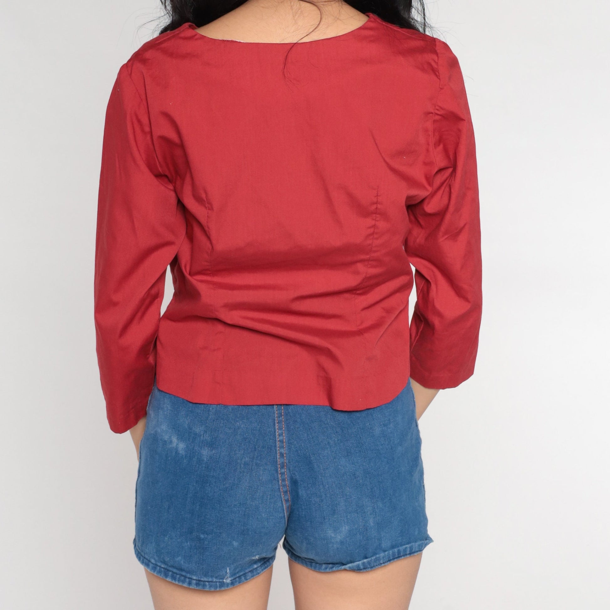 70s Red Button-Up Shirt Cotton Blend V-Neck 3/4 Sleeve Small S
