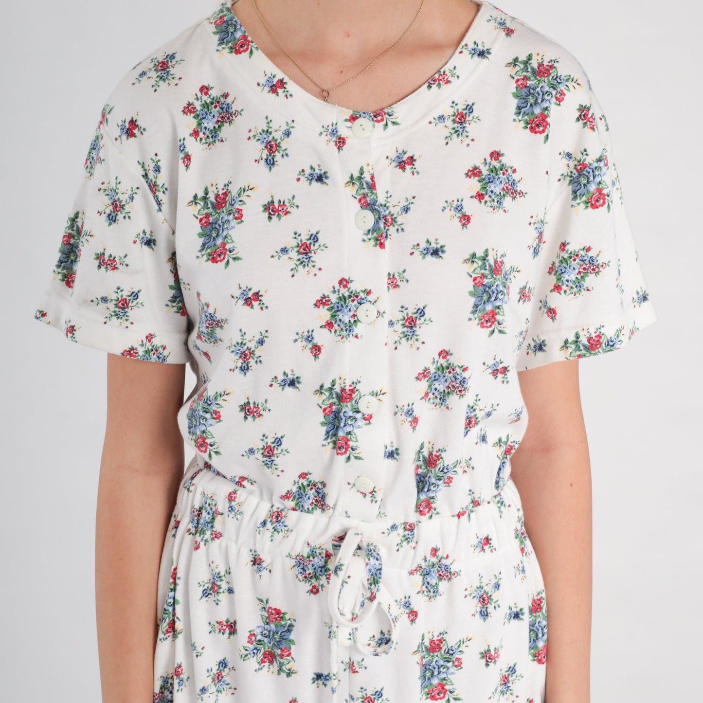 90s White Floral Romper Button-Up Short Sleeve Wide Leg Playsuit Small
