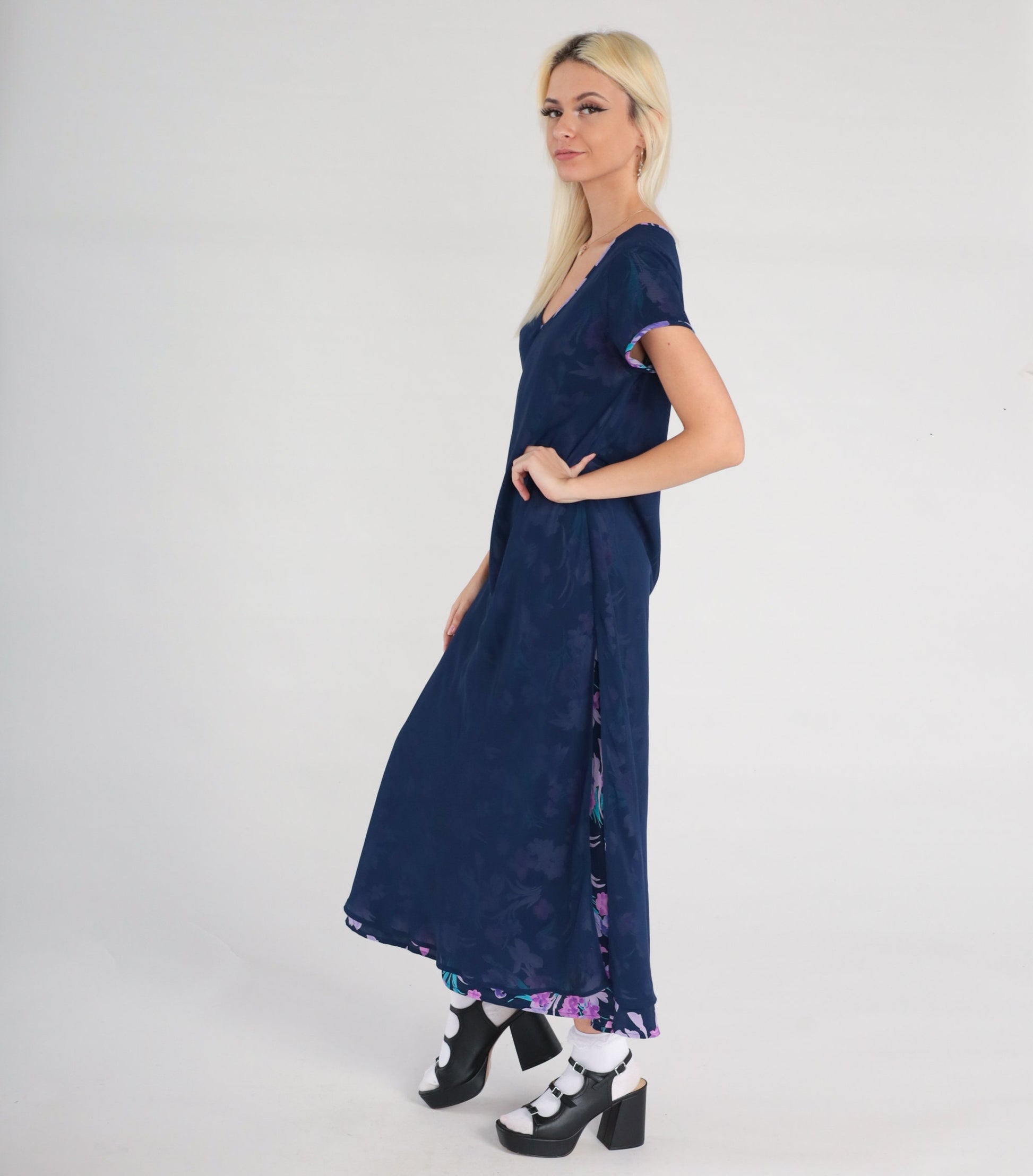 00s Floral Chiffon Maxi Dress Dark Blue V-Neck Botanical Print Small