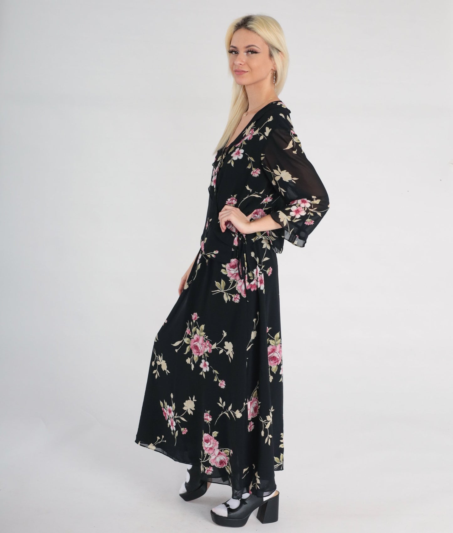 90s Black Floral Chiffon Maxi Dress V-Neck 3/4 Sleeve Wrap Large