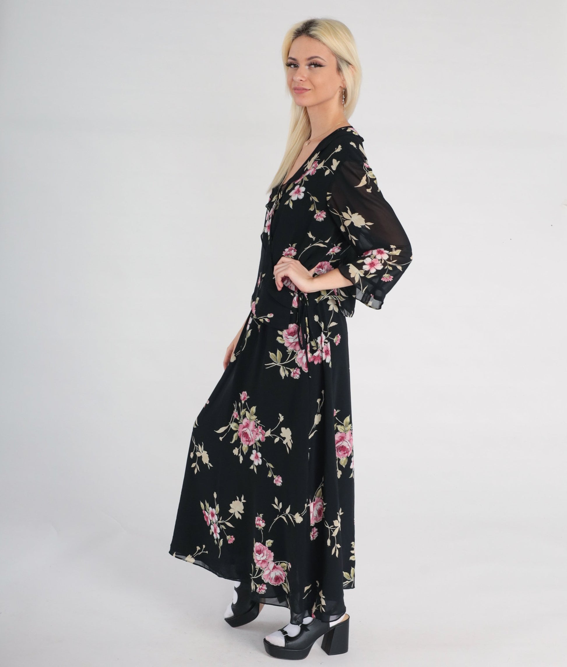 90s Black Floral Chiffon Maxi Dress V-Neck 3/4 Sleeve Wrap Large