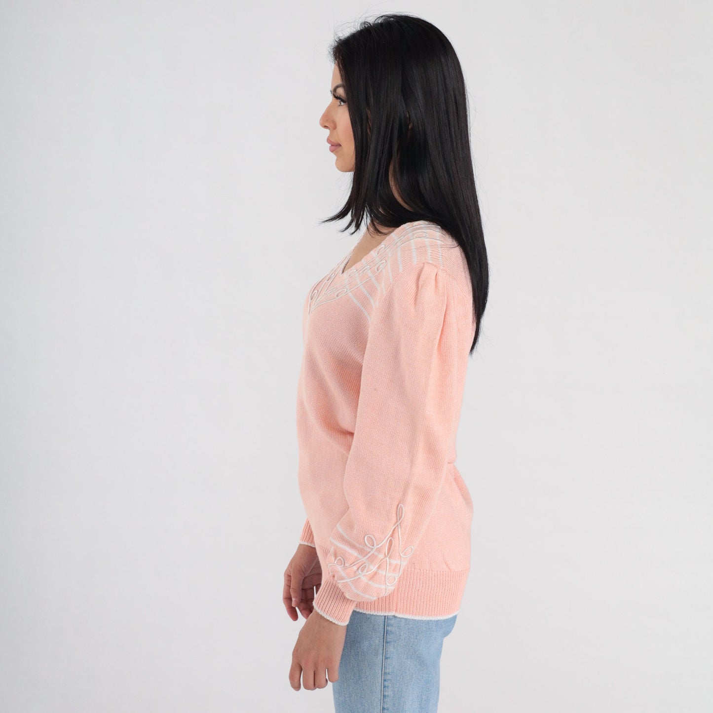 80s Pink Knit V-Neck Sweater White Stripes Soutache Trim Medium M