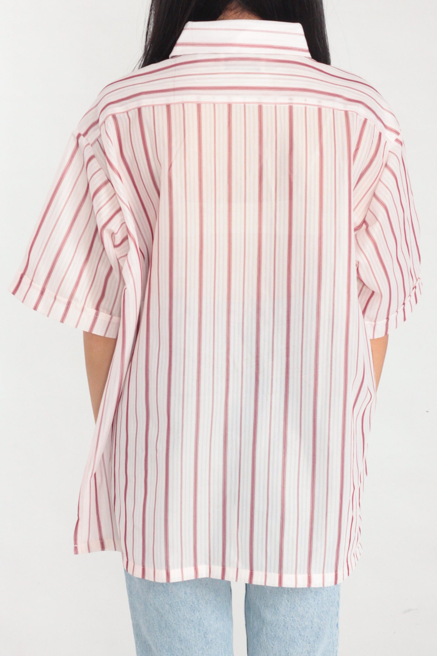 80s White Red Striped Button-Up Shirt Short Sleeve Collared Men's Extra Large