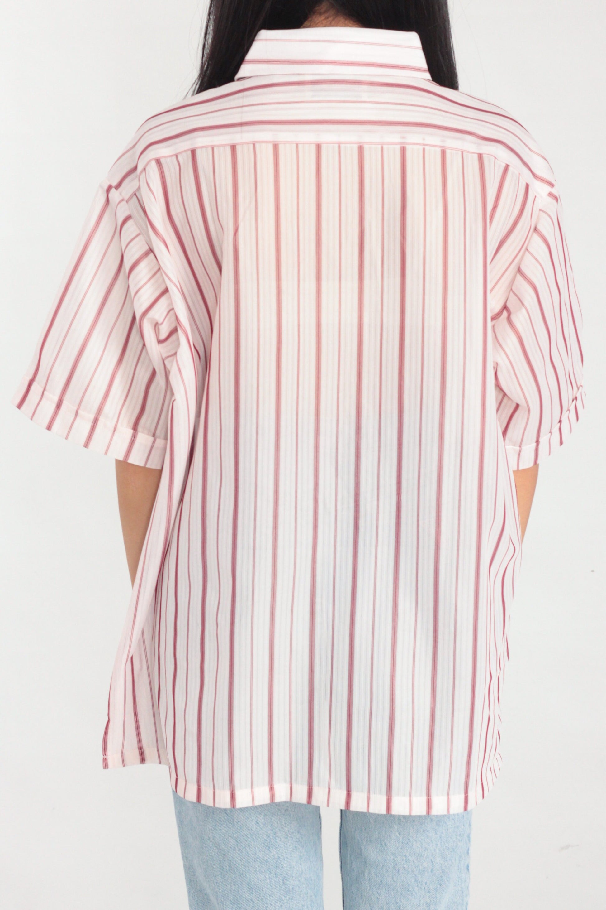80s White Red Striped Button-Up Shirt Short Sleeve Collared Men's Extra Large