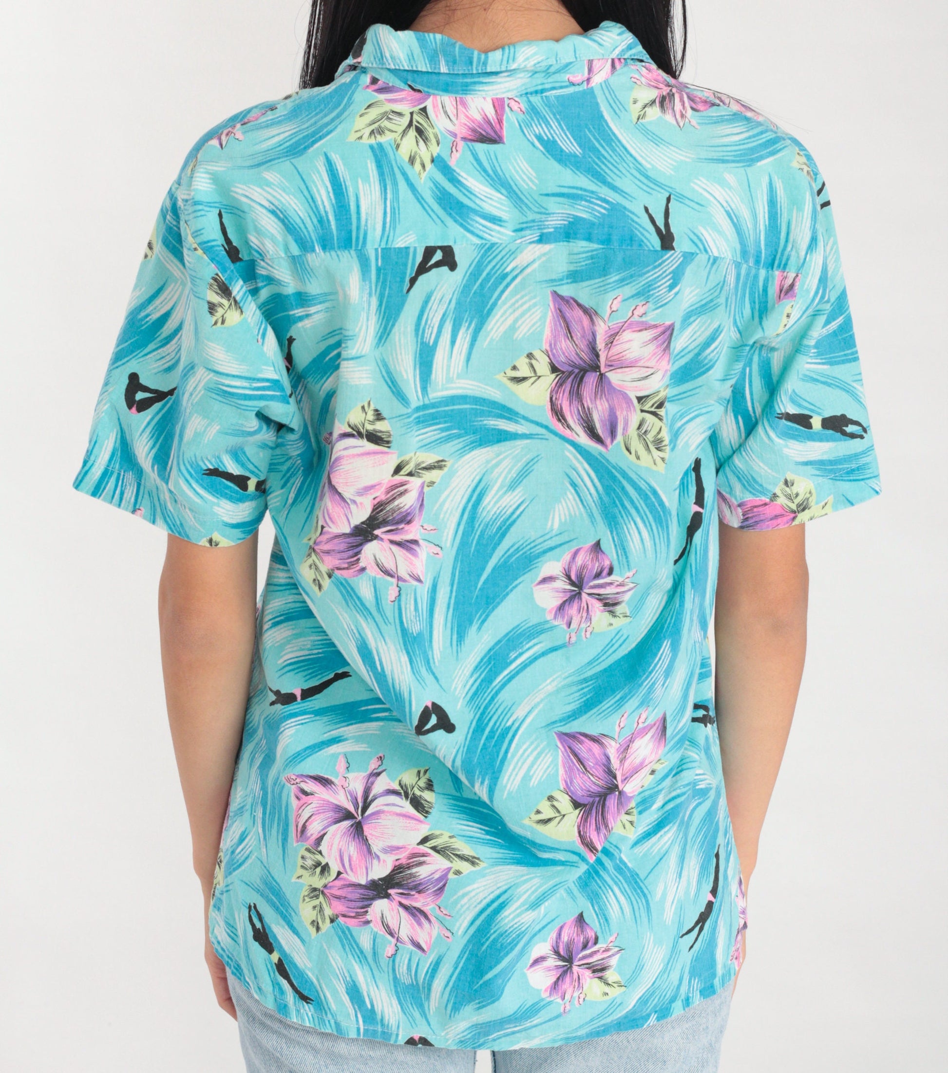 90s Tropical Floral Swimmer Print Button Up Shirt Blue Cotton Medium