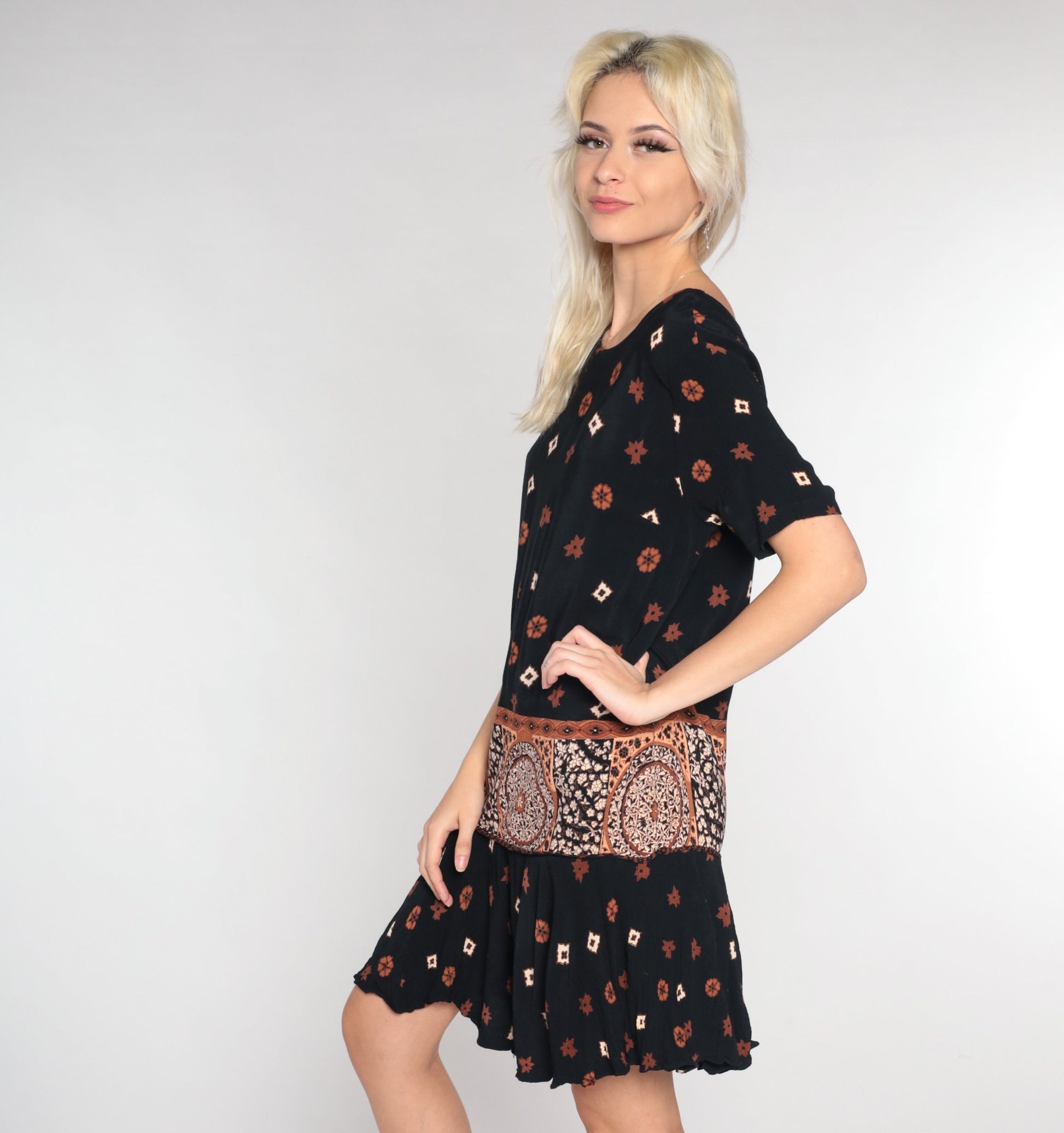 90s Black Mini Dress Abstract Floral Tile Print Short Sleeve Small S
