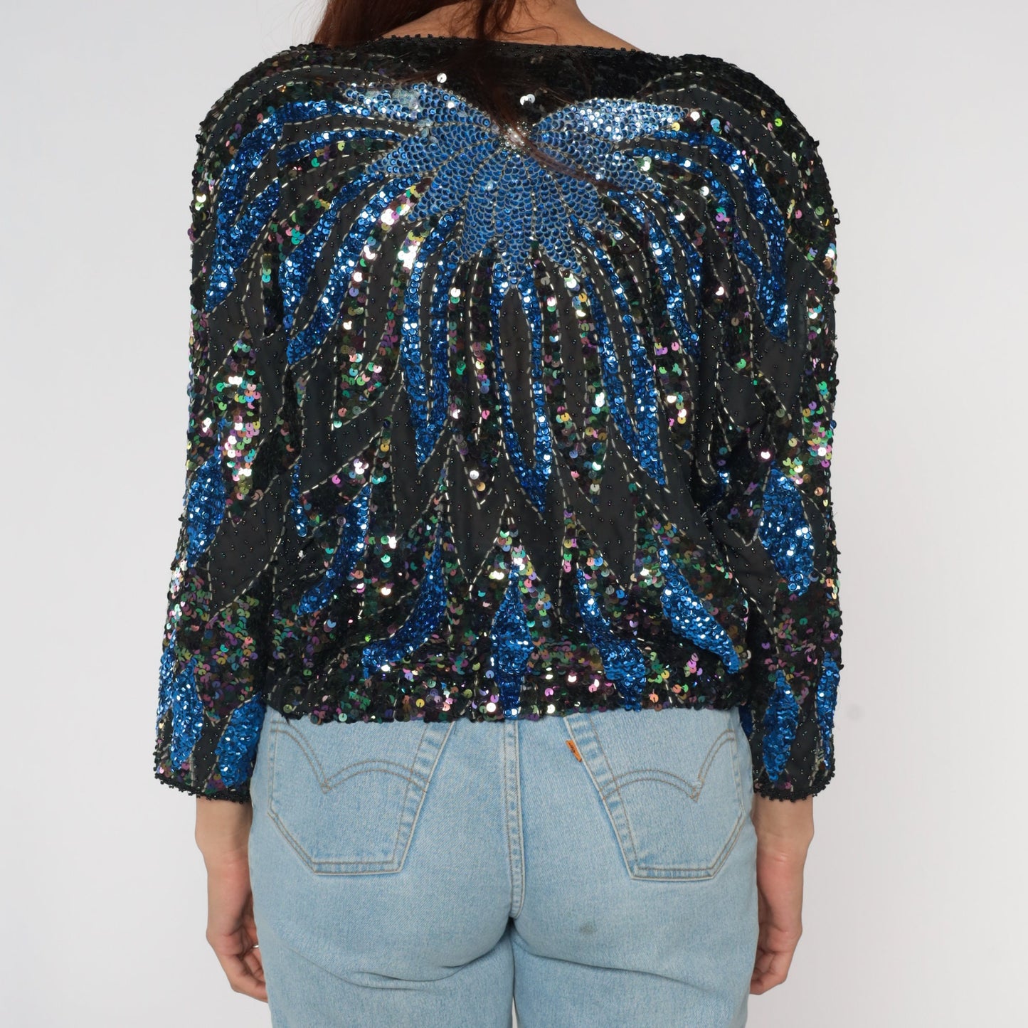 80s Black Sequin Beaded Blouse Blue Floral Dolman Sleeve Medium Large