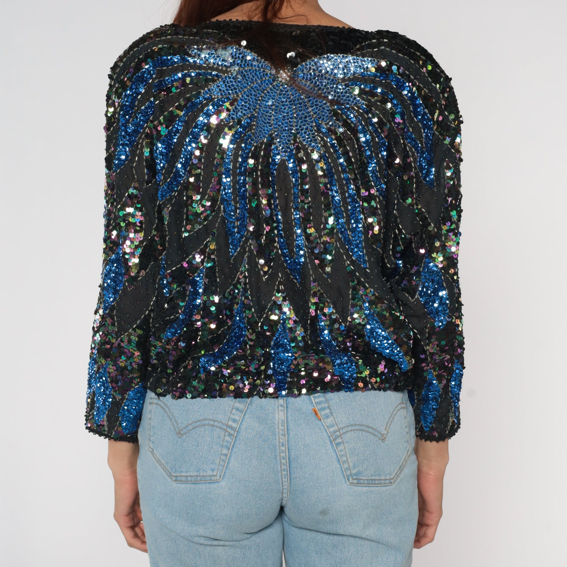 80s Black Sequin Beaded Blouse Blue Floral Dolman Sleeve Medium Large