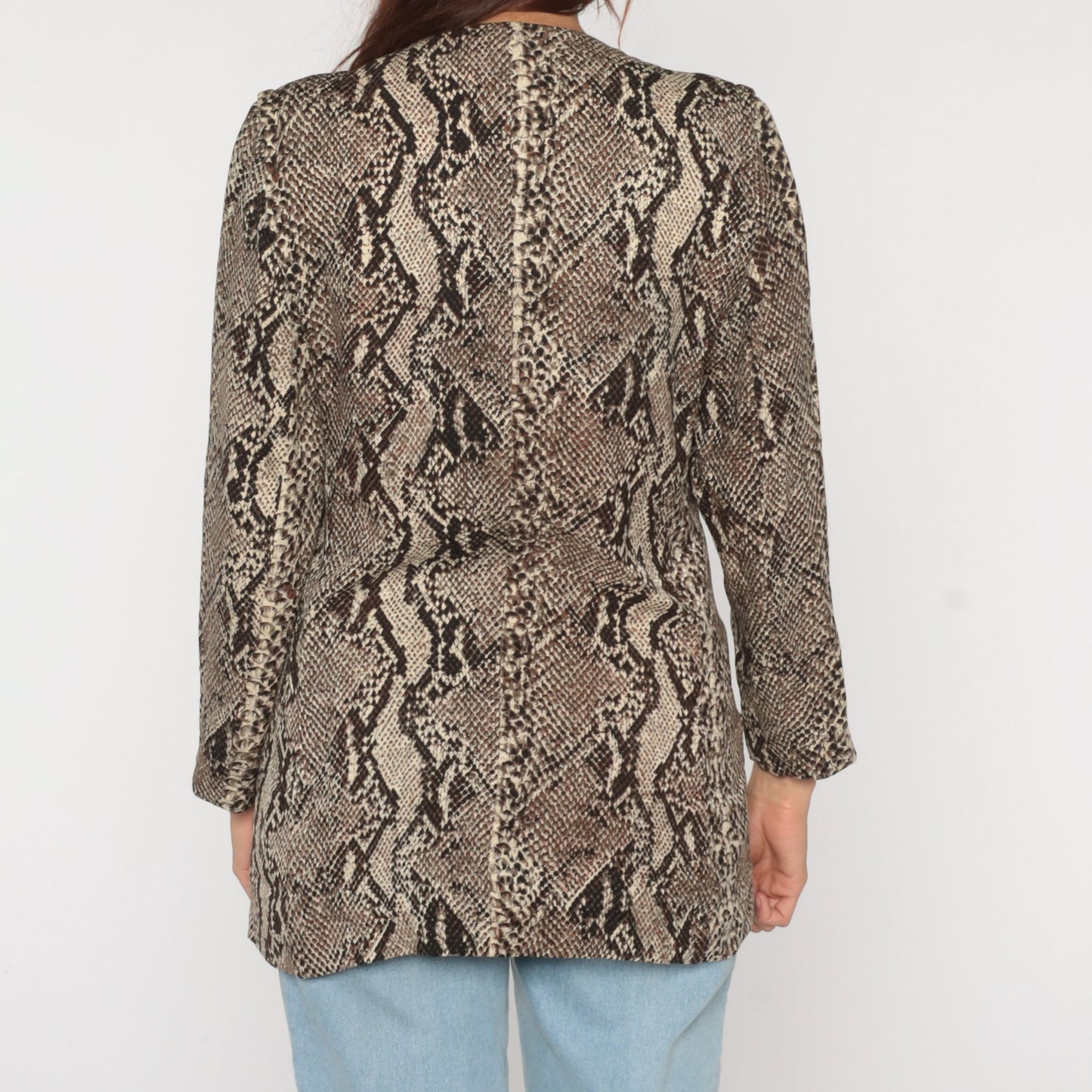 80s Flora Kung Silk Snakeskin Scale Print Blouse Brown Button Up Small