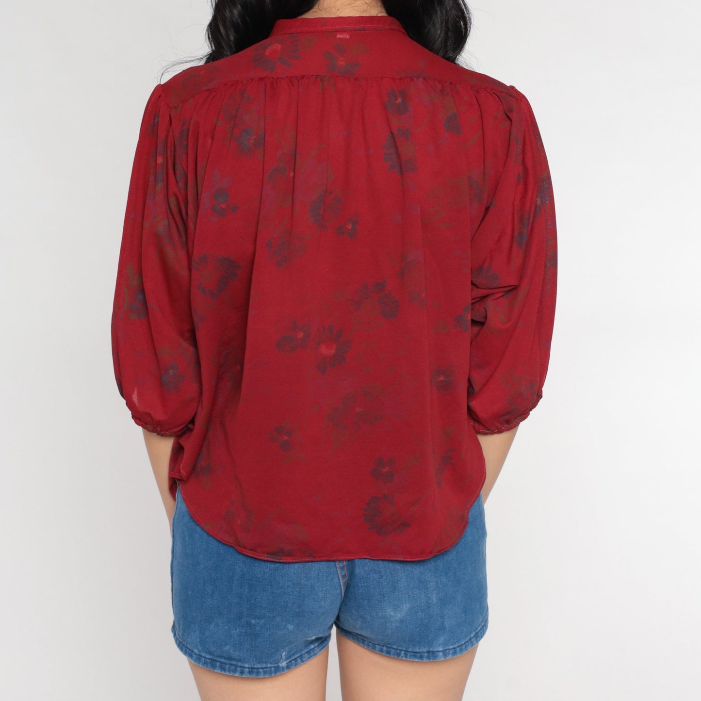 70s Red Floral Puff Sleeve Button-Up Blouse Semi-Sheer Collared Medium Large