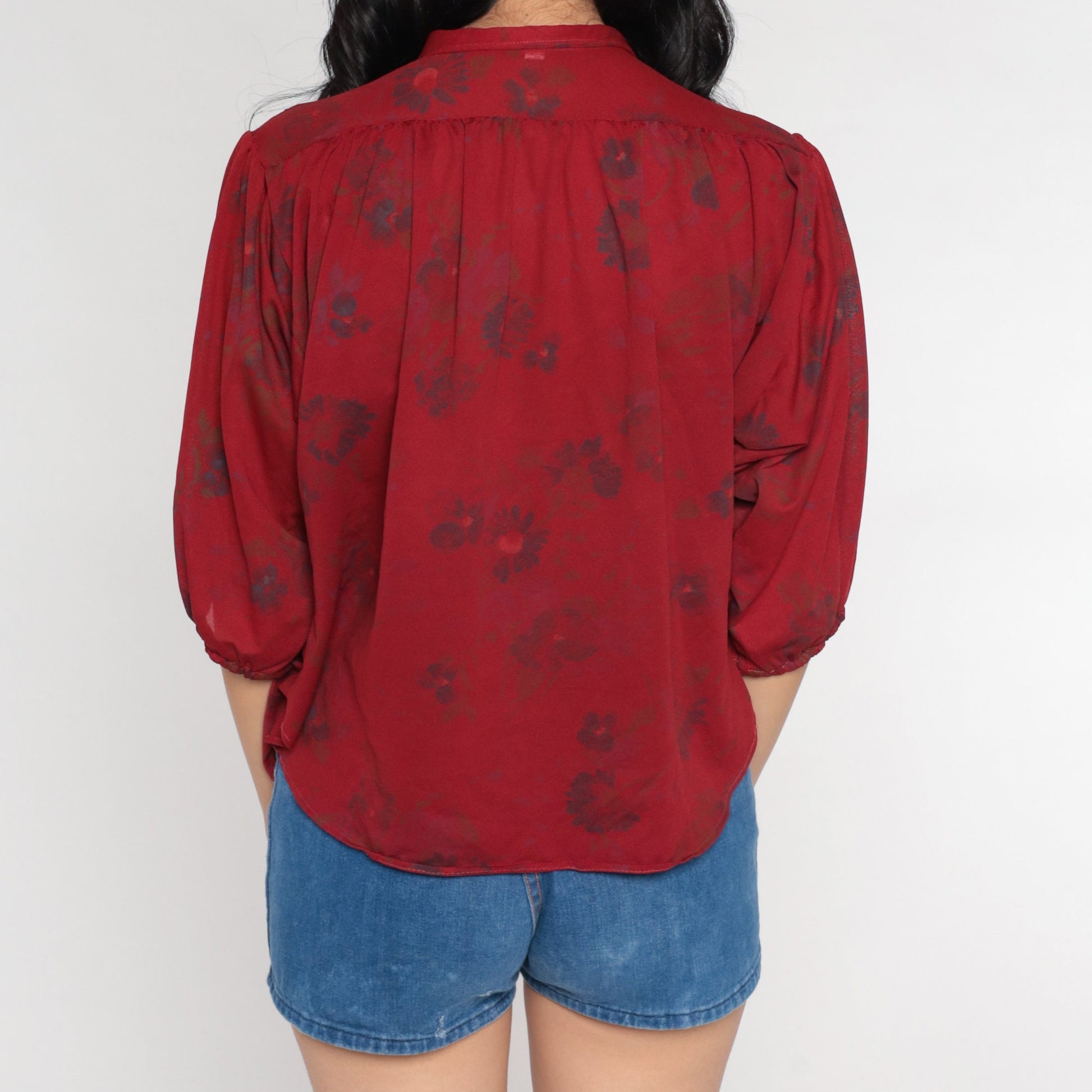 70s Red Floral Puff Sleeve Button-Up Blouse Semi-Sheer Collared Medium Large