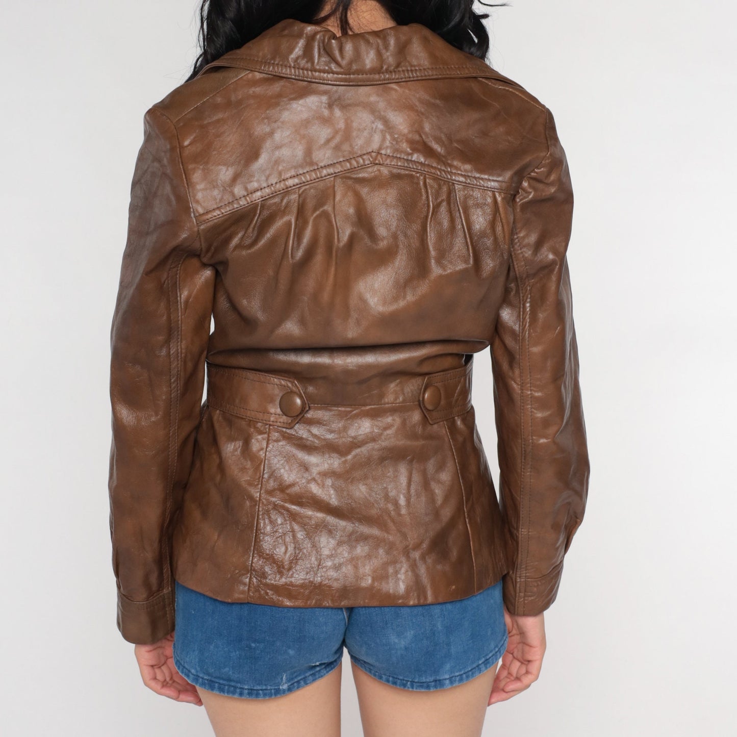 70s Wilson's Leather Jacket Brown Belted Button-Up Small Medium