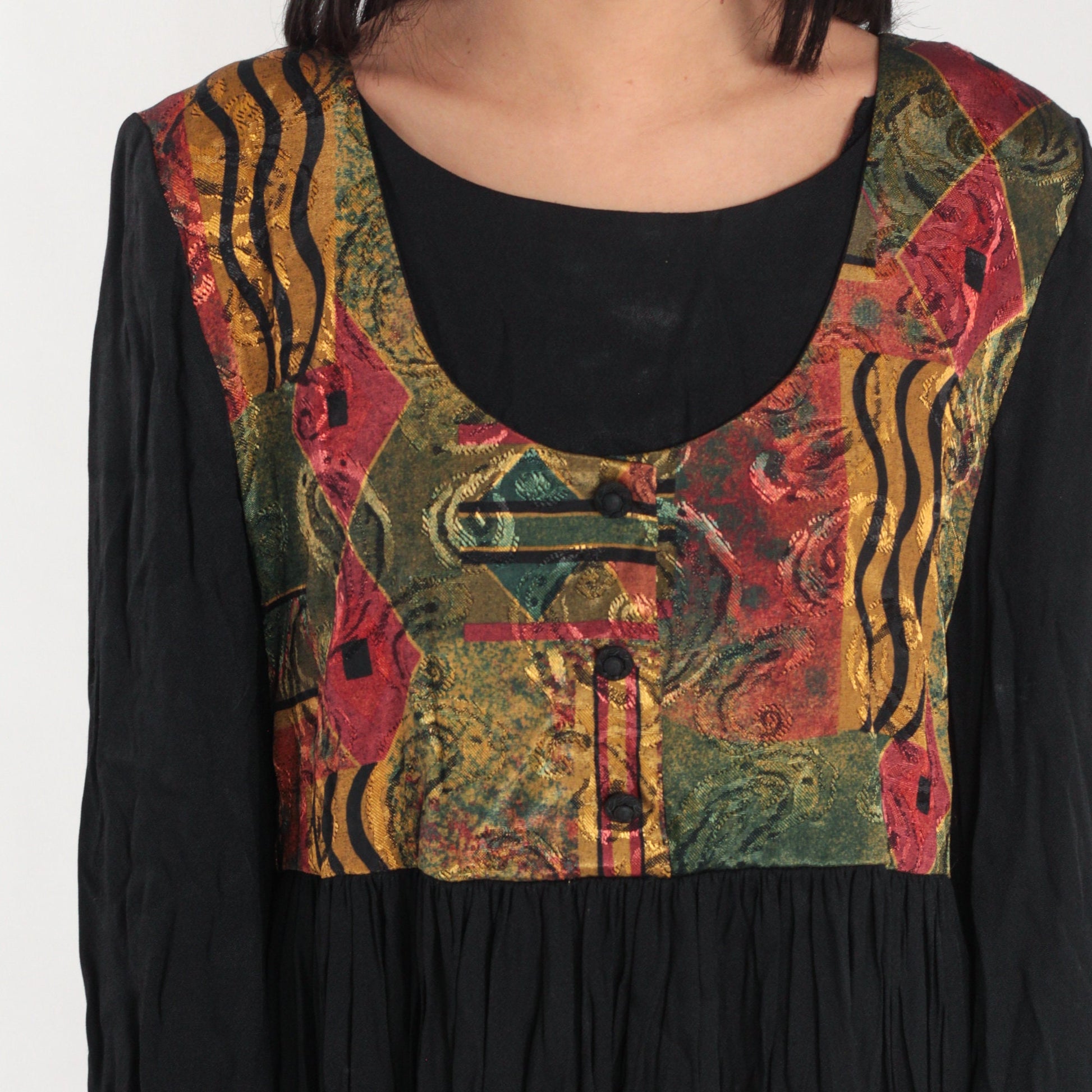 90s Black Maxi Dress with Abstract Print Attached Vest Long Sleeve Large