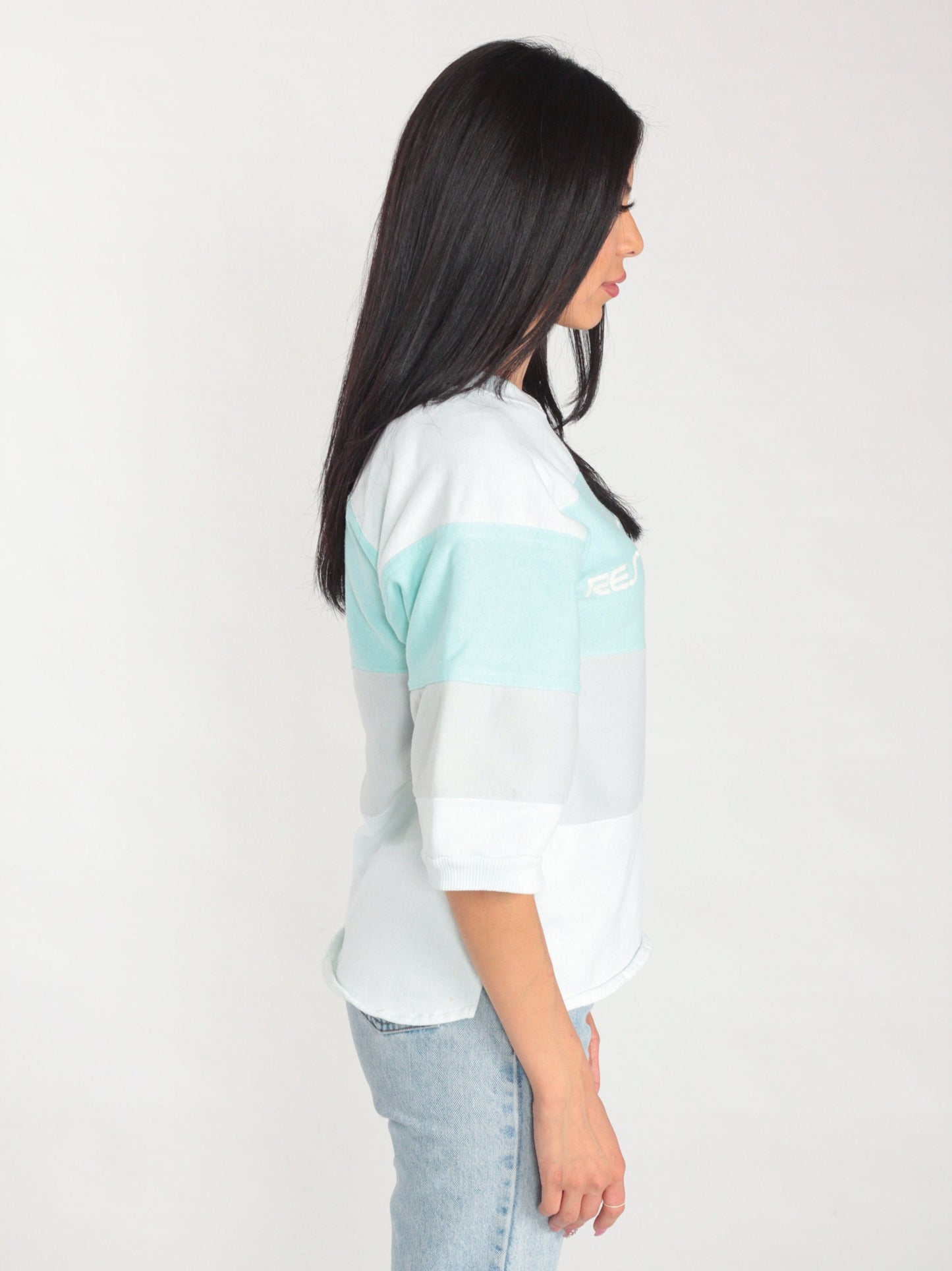 80s Restaurant Row Striped Sweatshirt White Mint Grey Graphic Tee Small