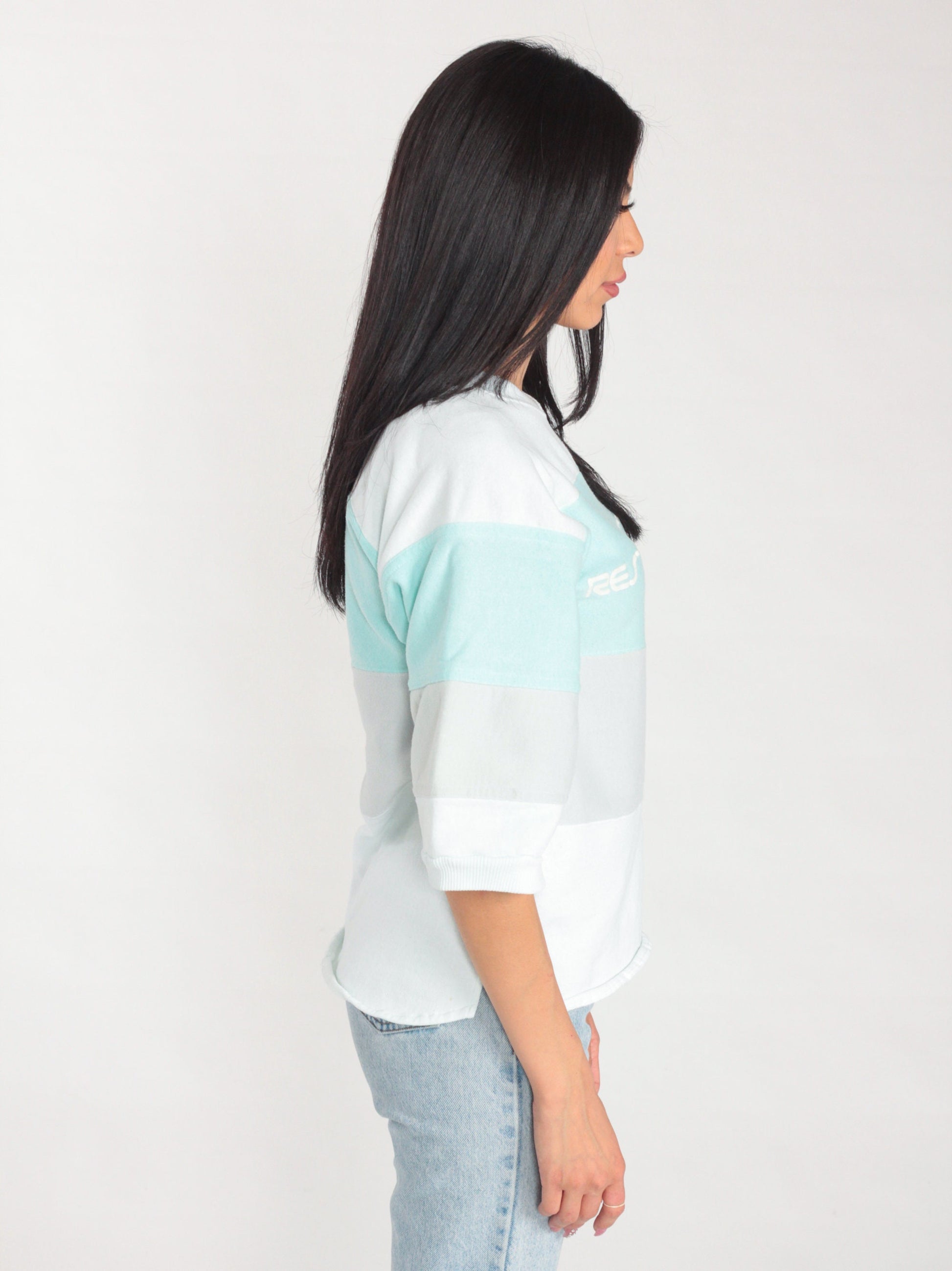 80s Restaurant Row Striped Sweatshirt White Mint Grey Graphic Tee Small