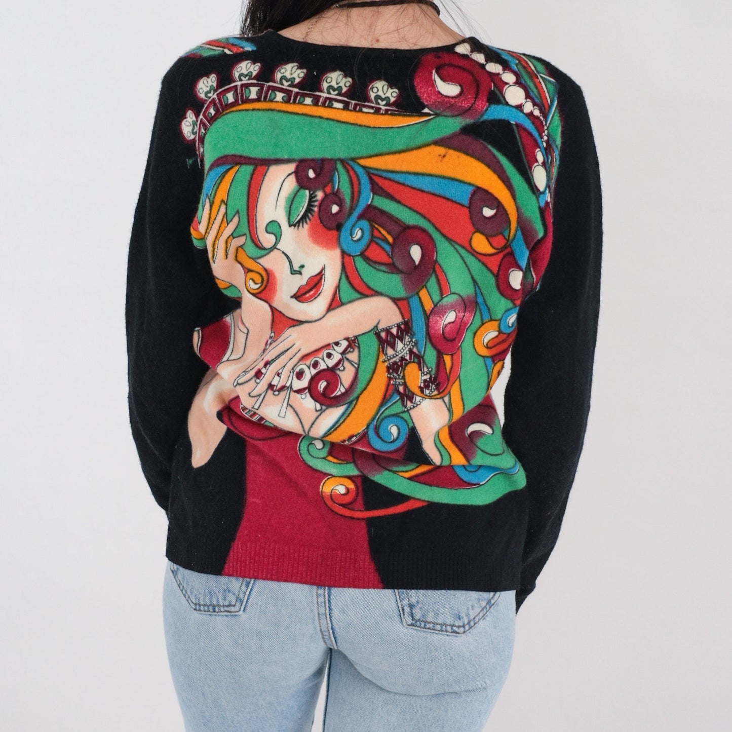00s Sequin Fantasy Woman Graphic Pullover Sweater Black Medium M