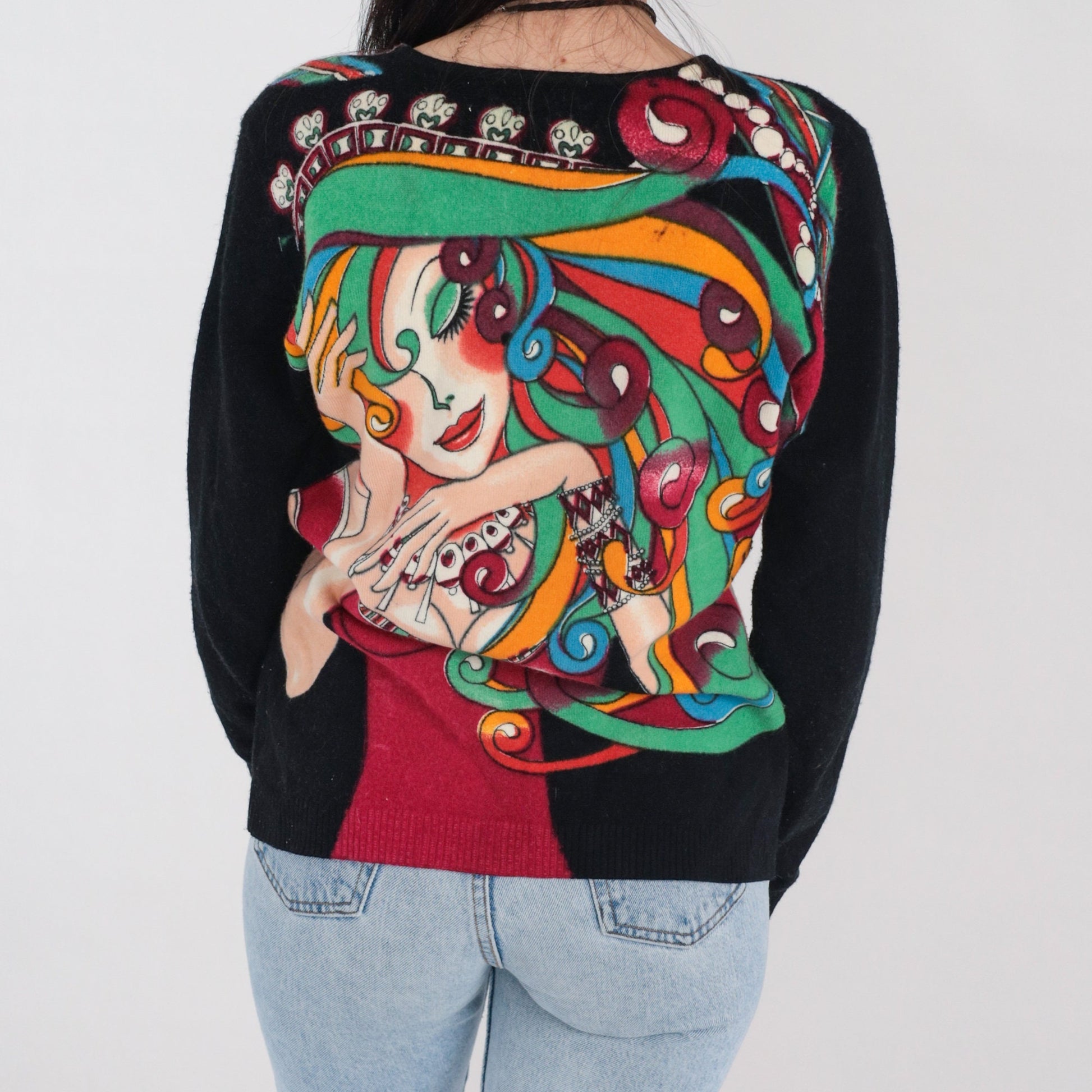 00s Sequin Fantasy Woman Graphic Pullover Sweater Black Medium M