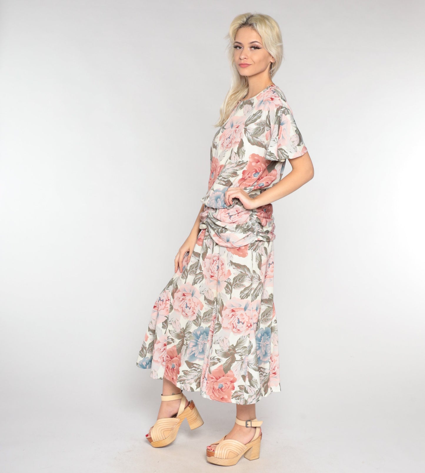 90s Floral Maxi Dress Short Sleeve Low Waist Ankle Length Medium Large