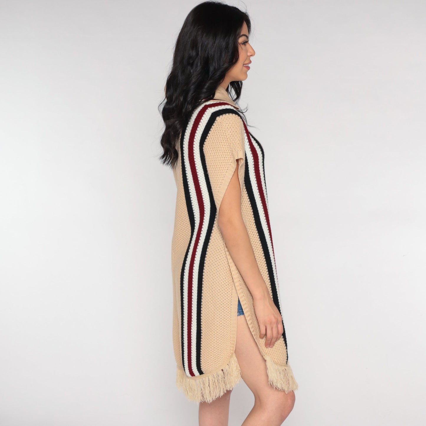 70s Tan Striped Knit Poncho Collared Fringe Shawl One Size
