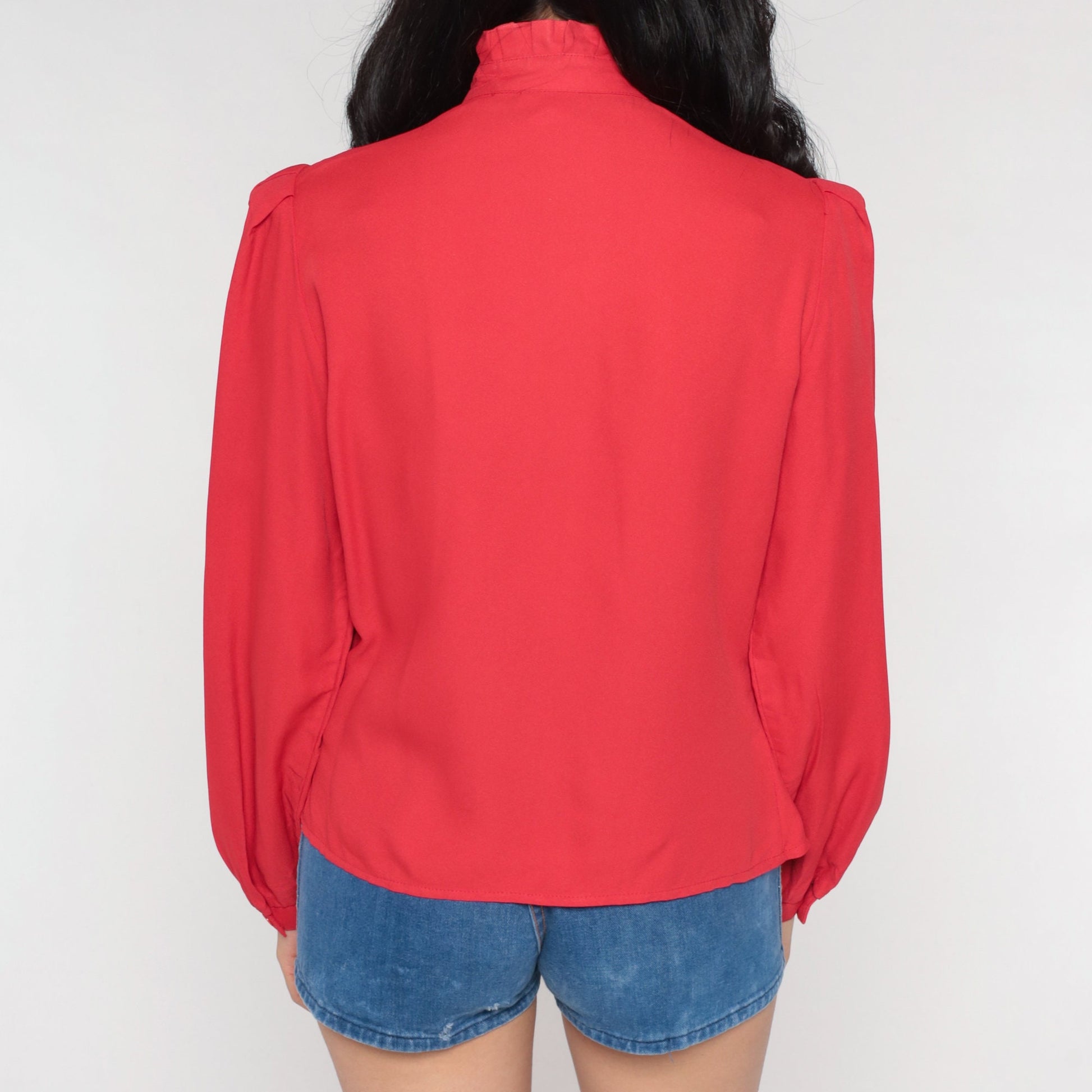 80s Red Puff Sleeve Blouse High Ruffled Neck Pleated Secretary Top Medium