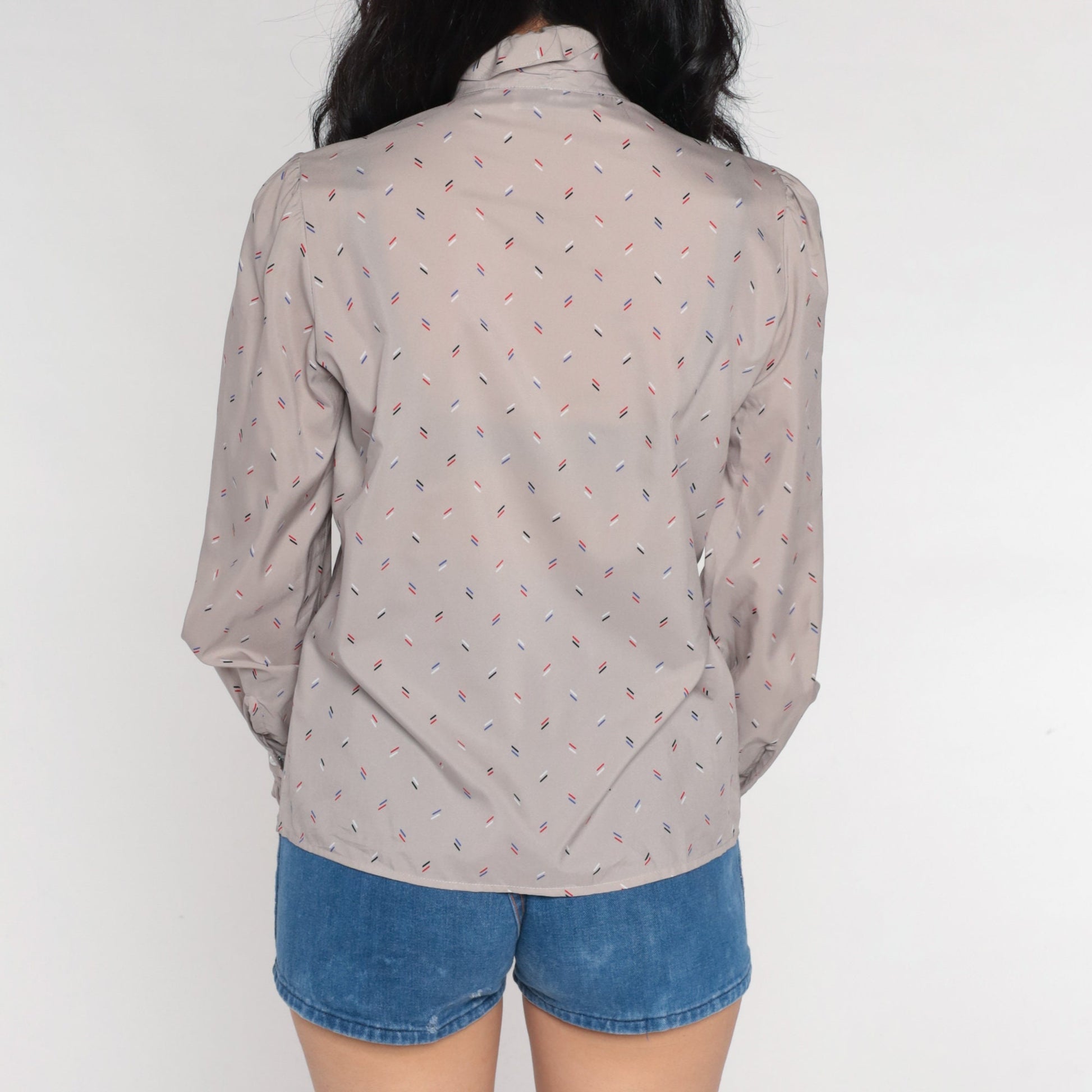 80s Grey Ruffle Neck Puff Sleeve Button-Up Blouse Confetti Stripe Small