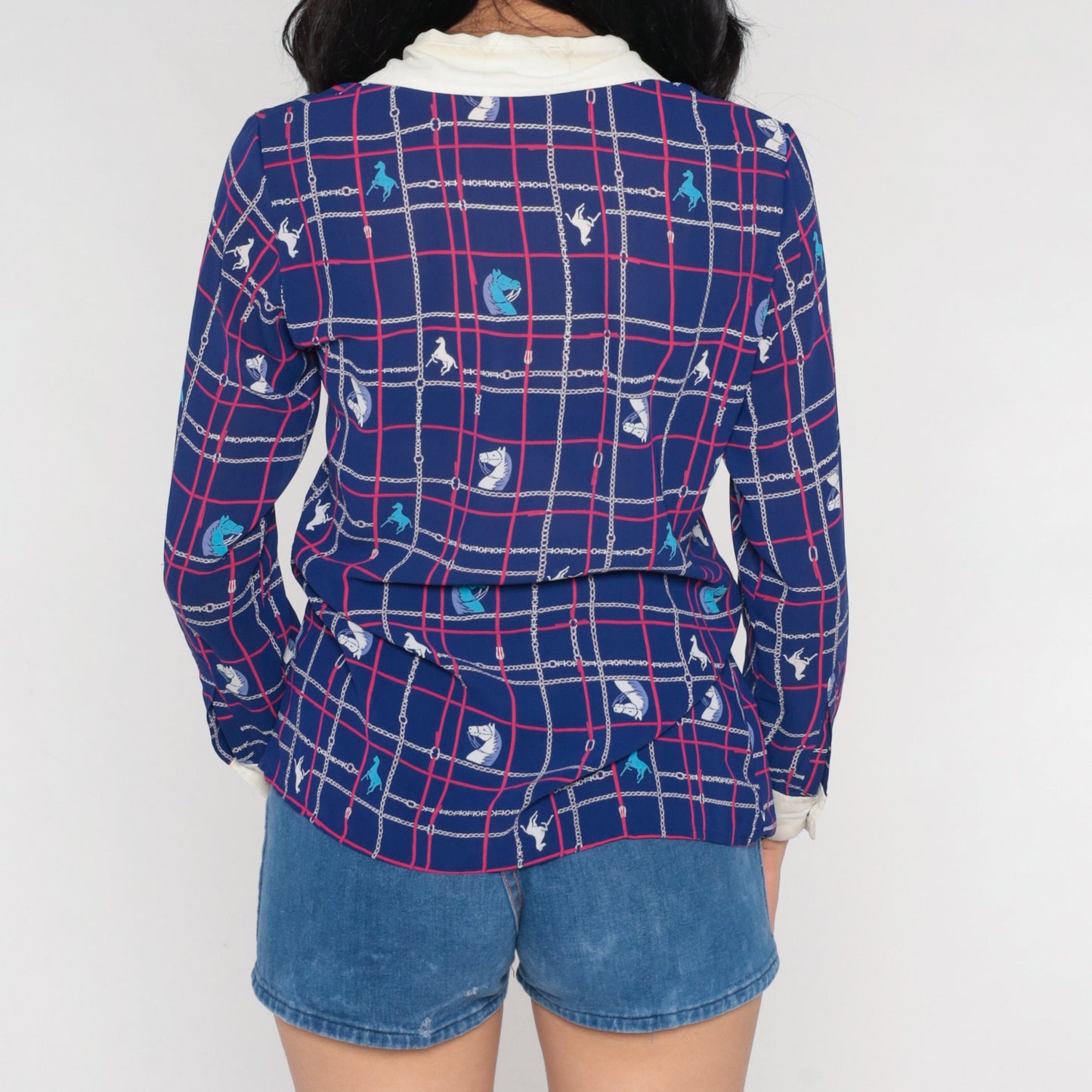 80s Navy Horse Print Button-Up Blouse White Collar Long Sleeve Small